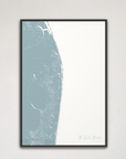 The Palm Beaches Coastal Map — Canvas Vertical, soft-blue, Black Frame