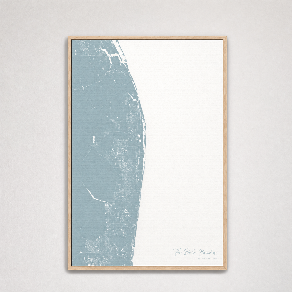 The Palm Beaches Coastal Map — Canvas Vertical — soft-blue, Light Wood