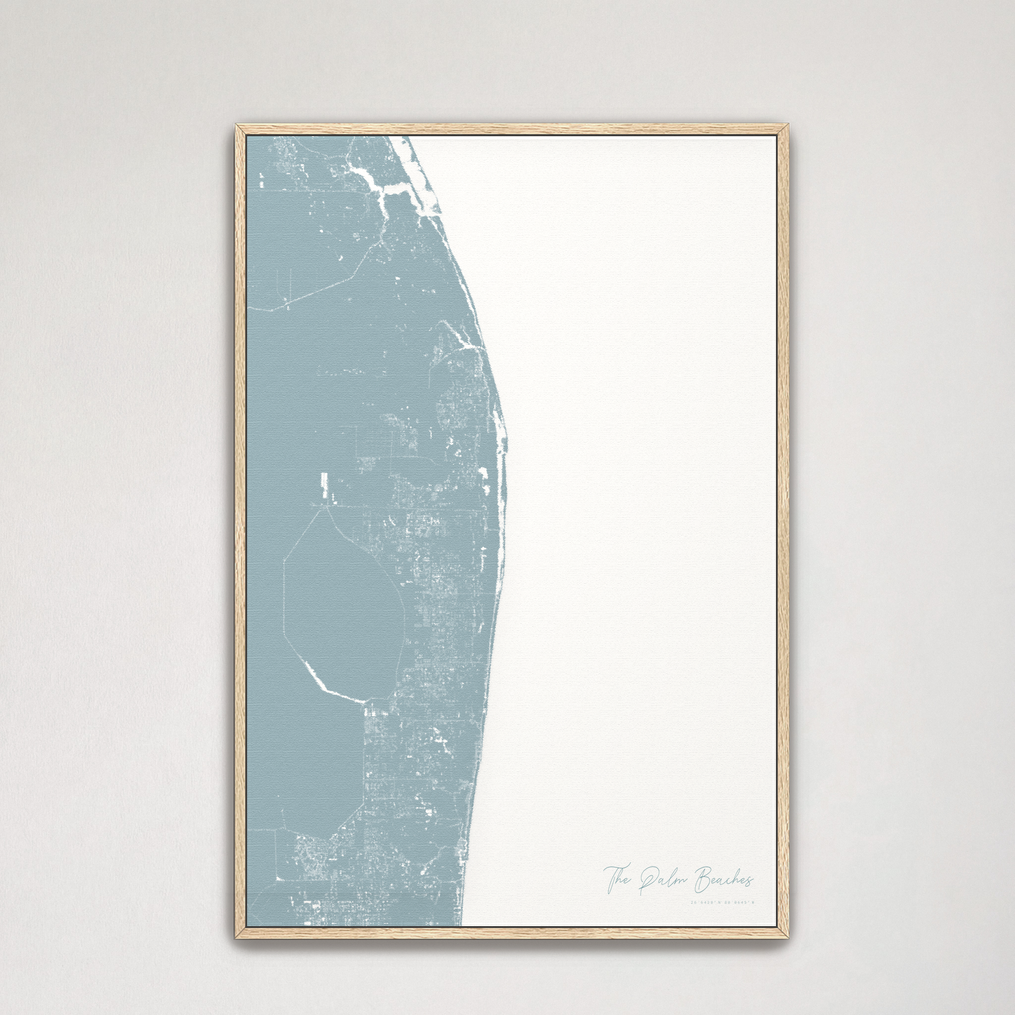 The Palm Beaches Coastal Map — Canvas Vertical, soft-blue, Natural Oak