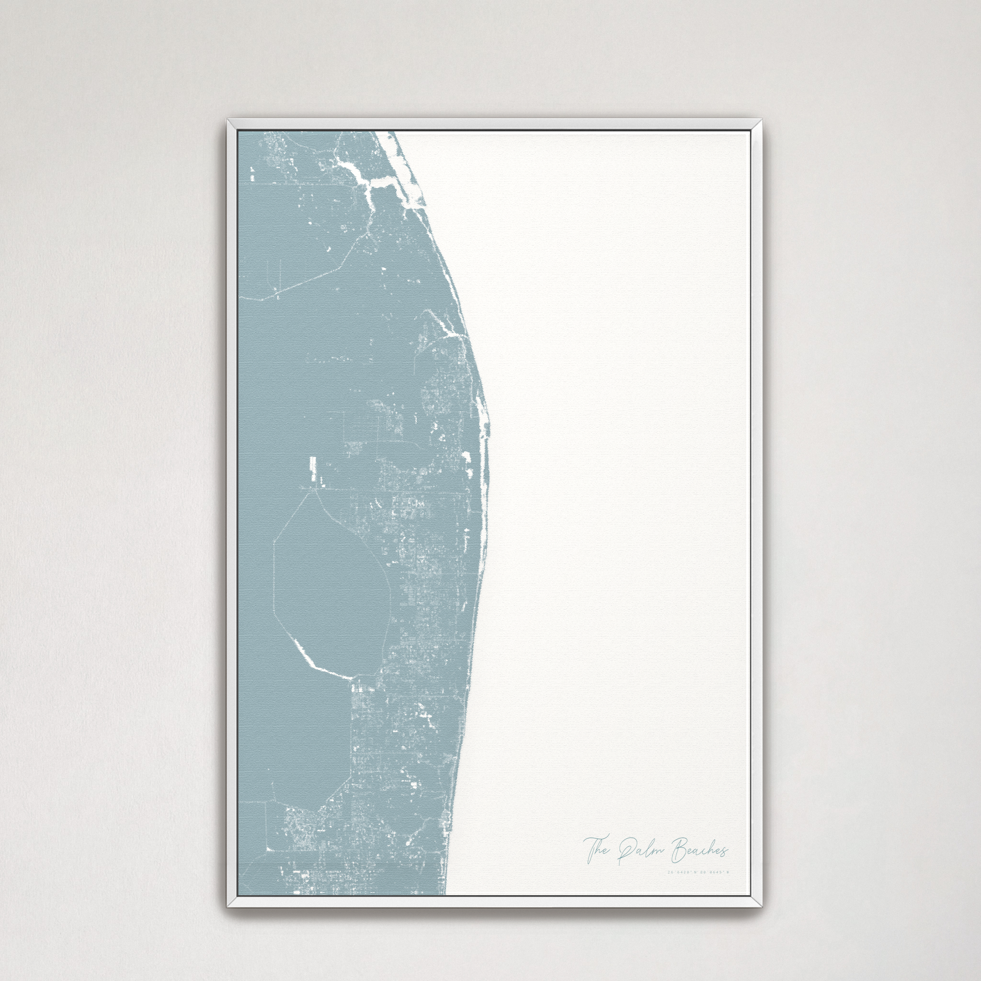 The Palm Beaches Coastal Map — Canvas Vertical, soft-blue, White Frame