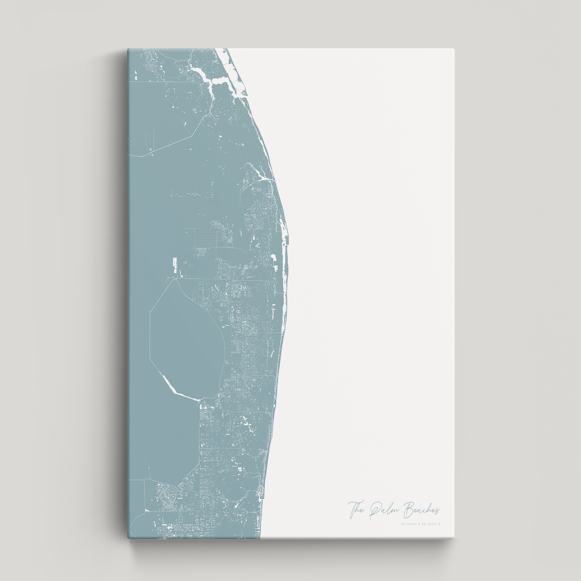 The Palm Beaches Coastal Map — Canvas Vertical, soft-blue, No Frame