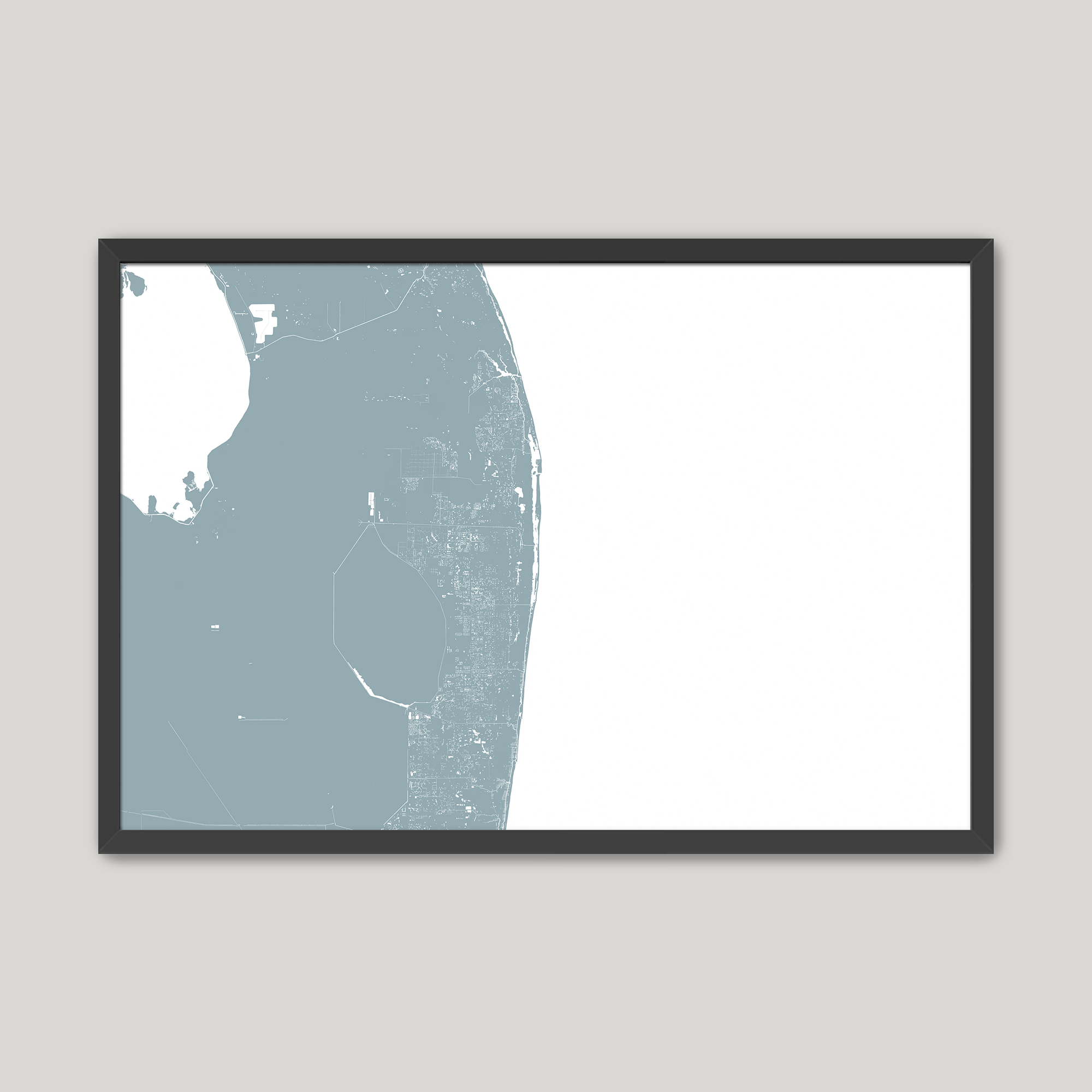 The Palm Beaches Coastal Map — Fine Art Print Horizontal, soft-blue, Black Frame, 10x8