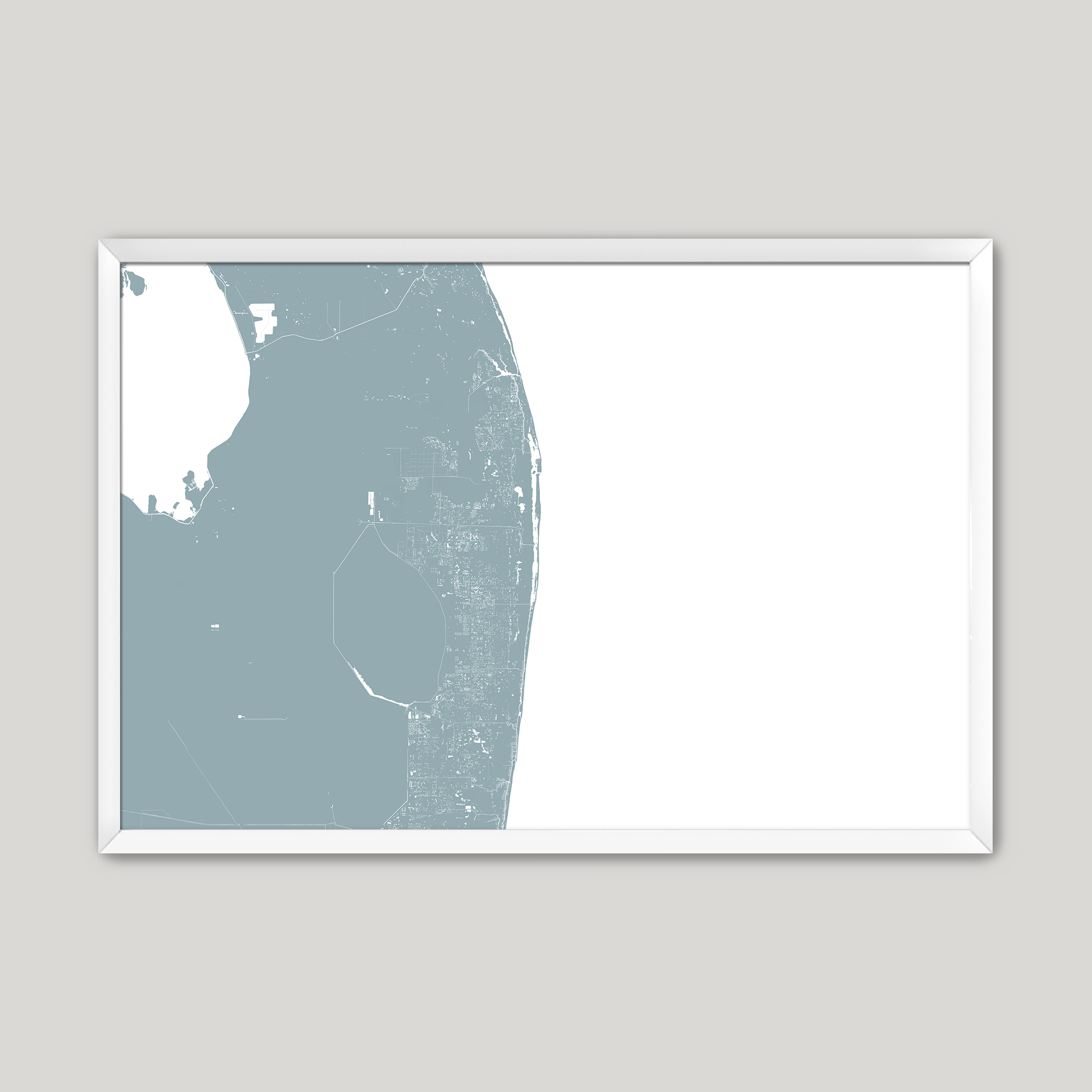 The Palm Beaches Coastal Map — Fine Art Print Horizontal, soft-blue, White Frame, 10x8