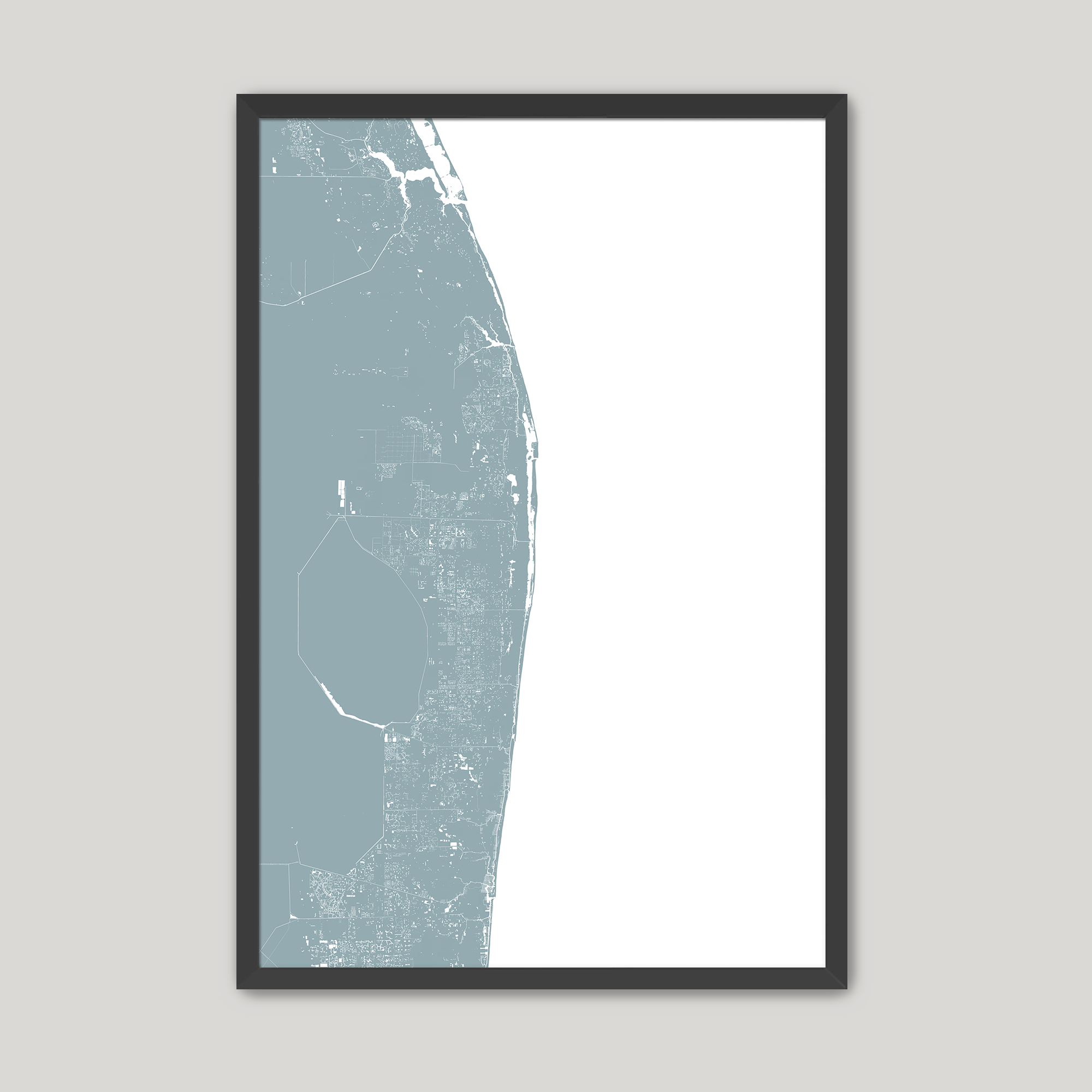 The Palm Beaches Coastal Map — Fine Art Print Vertical, soft-blue, Black Frame, 8x10
