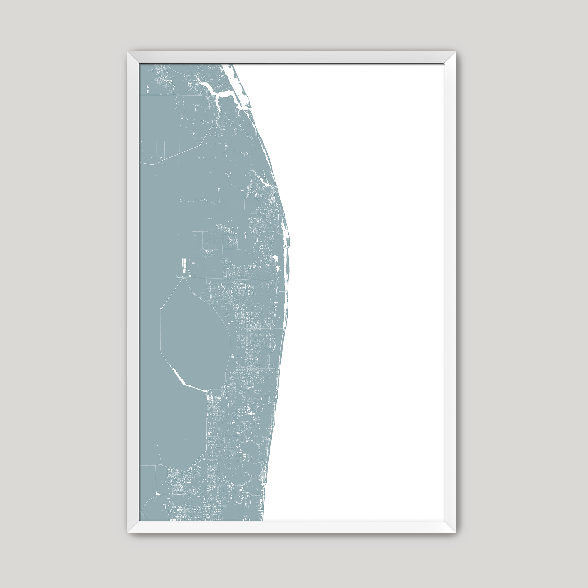 The Palm Beaches Coastal Map — Fine Art Print Vertical, soft-blue, White Frame, 8x10