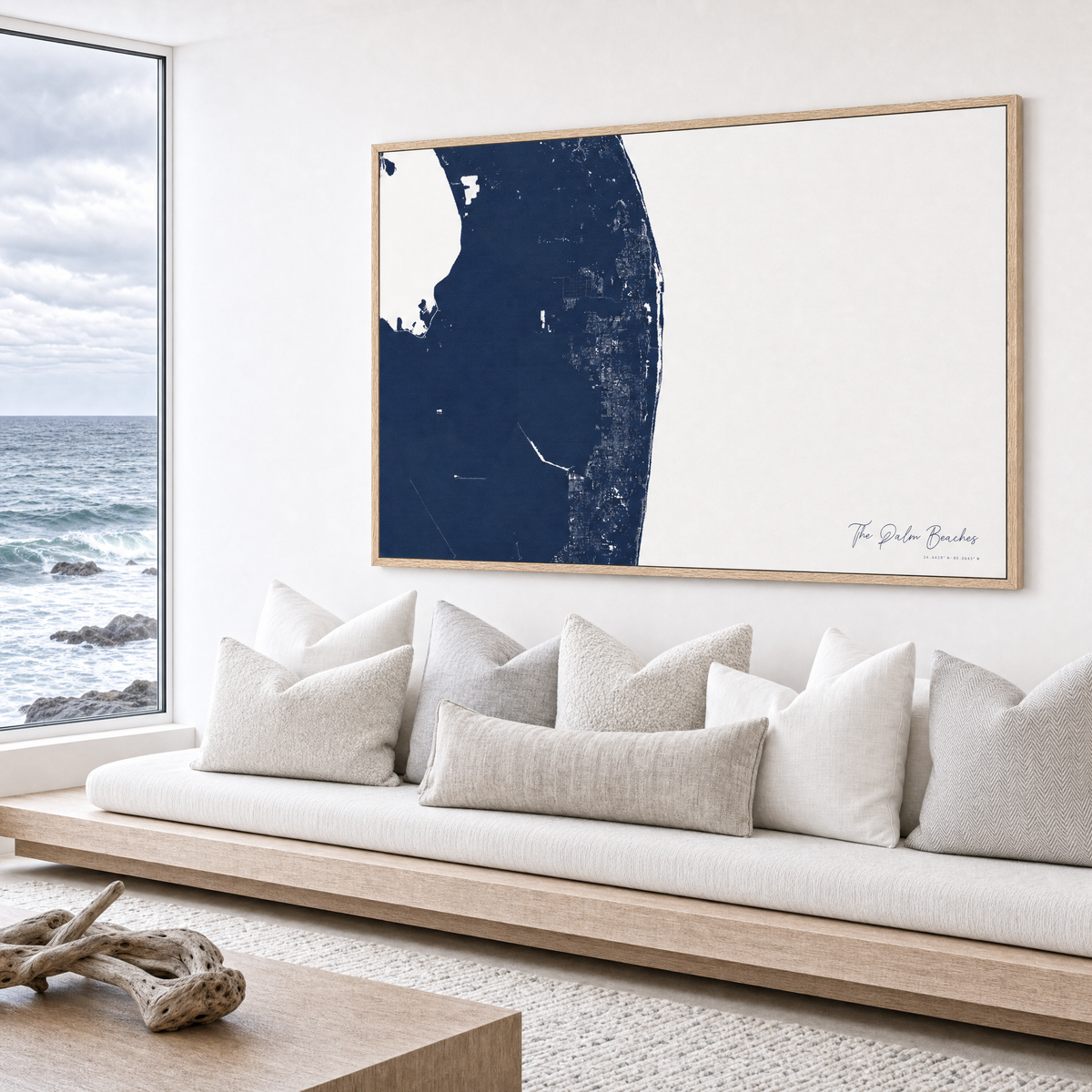 The Palm Beaches canvas map — sea-view bench interior