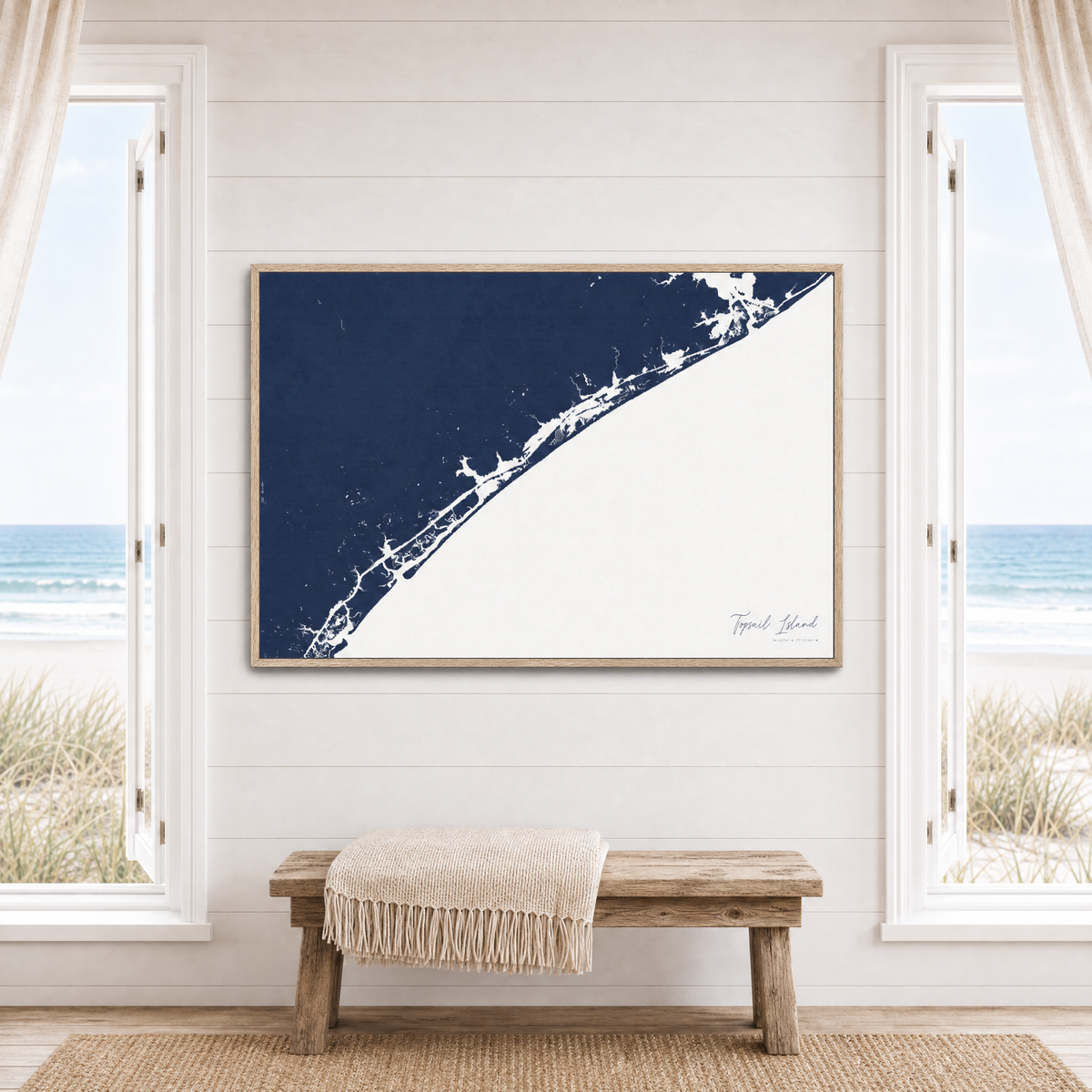 Topsail Island canvas map — window-scene interior