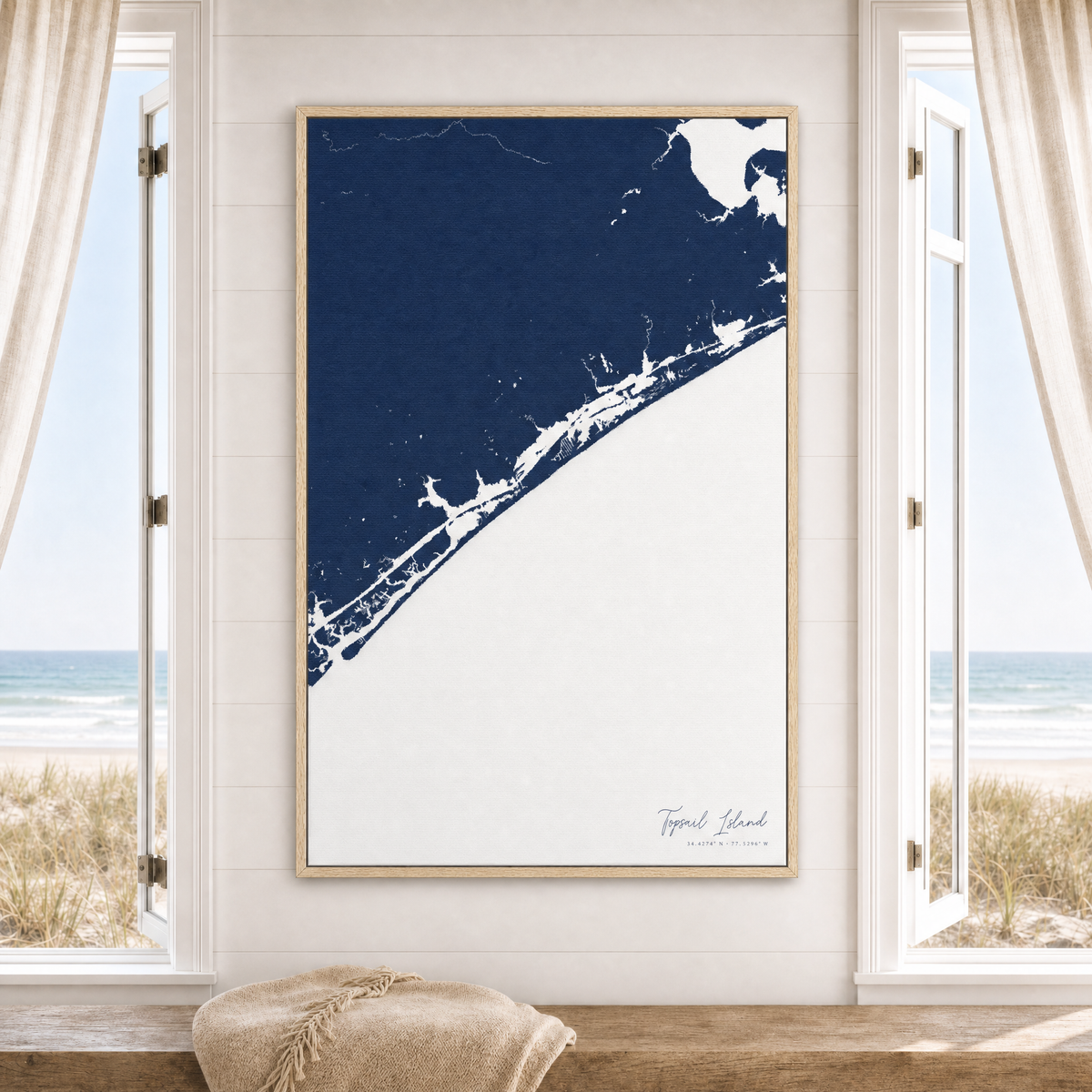 Topsail Island canvas map — window-scene interior