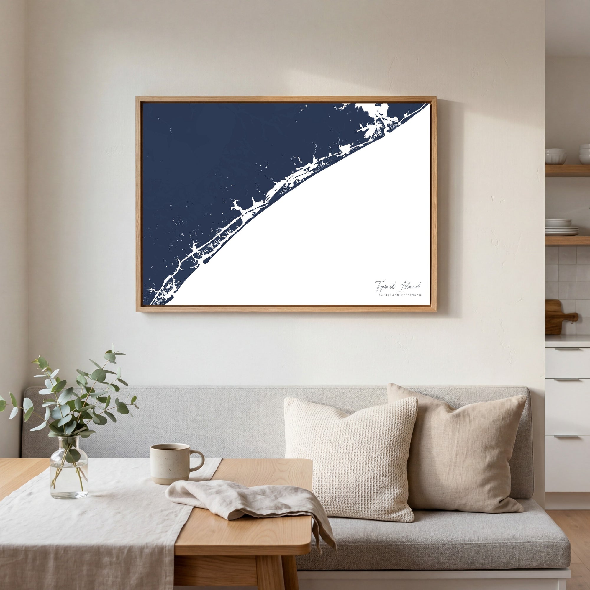 Topsail Island navy horizontal canvas map in an oak framed room scene