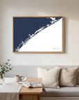 Topsail Island navy horizontal canvas map in an oak framed room scene