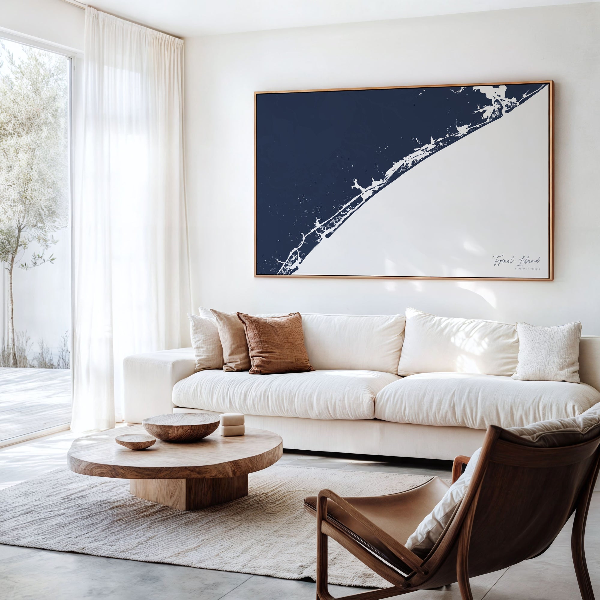 Topsail Island navy horizontal canvas map in an oak framed room scene