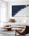 Topsail Island navy horizontal canvas map in an oak framed room scene