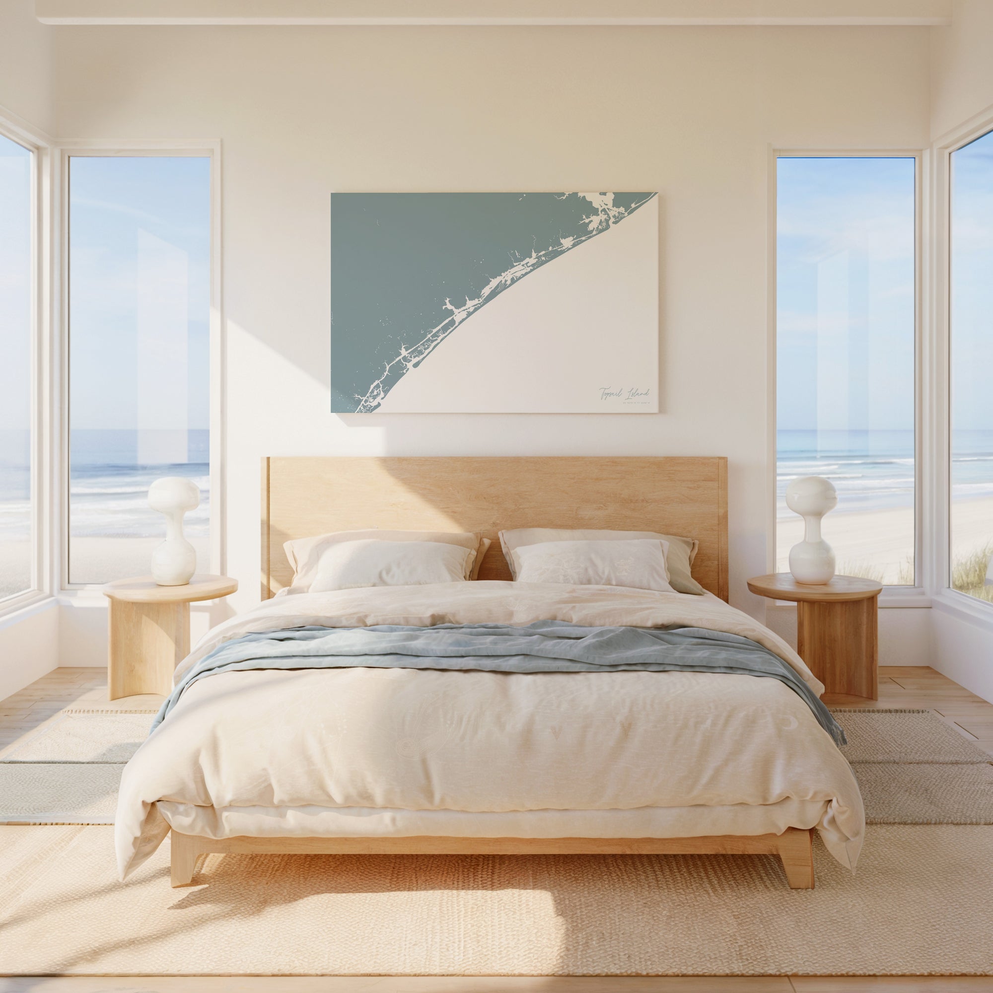 Topsail Island soft blue horizontal wrapped canvas map in the ratio 3:2 hand mockup