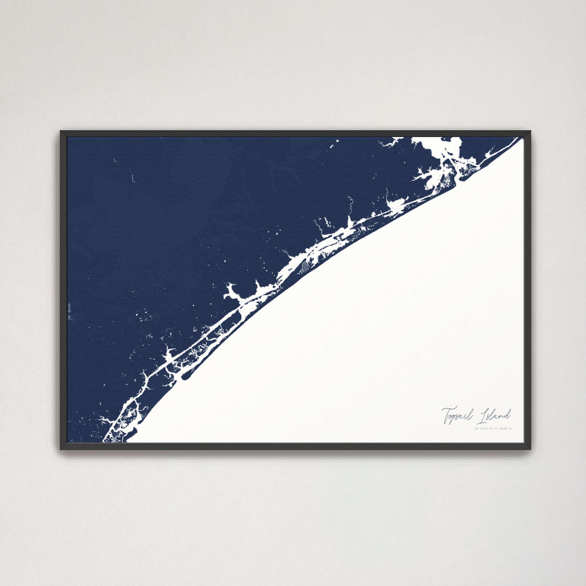 Topsail Island Coastal Map — Canvas Horizontal, navy, Black Frame