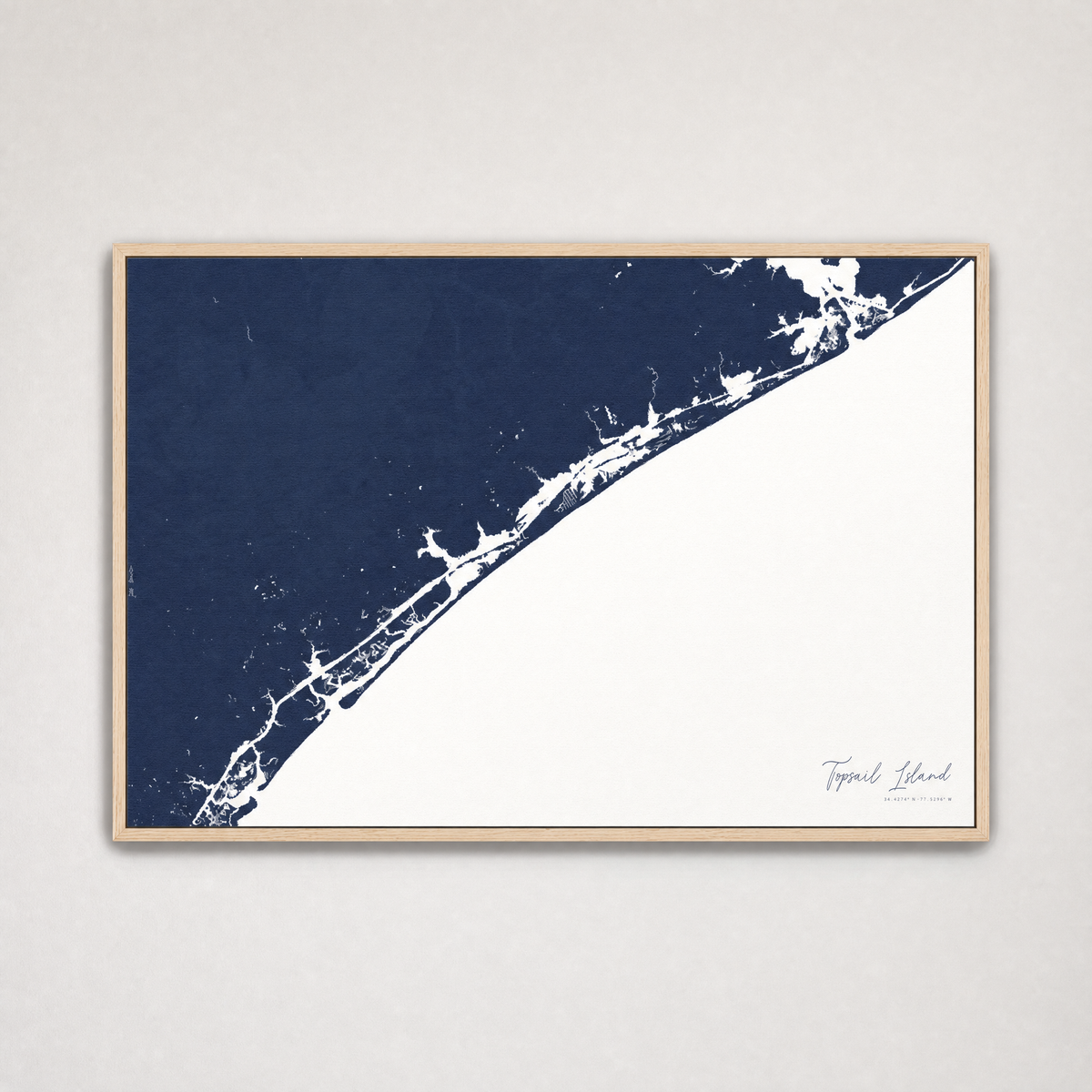 Topsail Island Coastal Map — Canvas Horizontal — navy, Light Wood