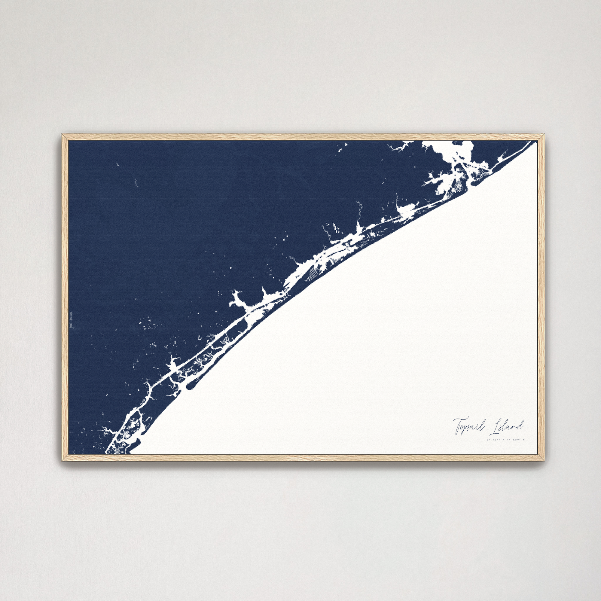Topsail Island Coastal Map — Canvas Horizontal, navy, Natural Oak