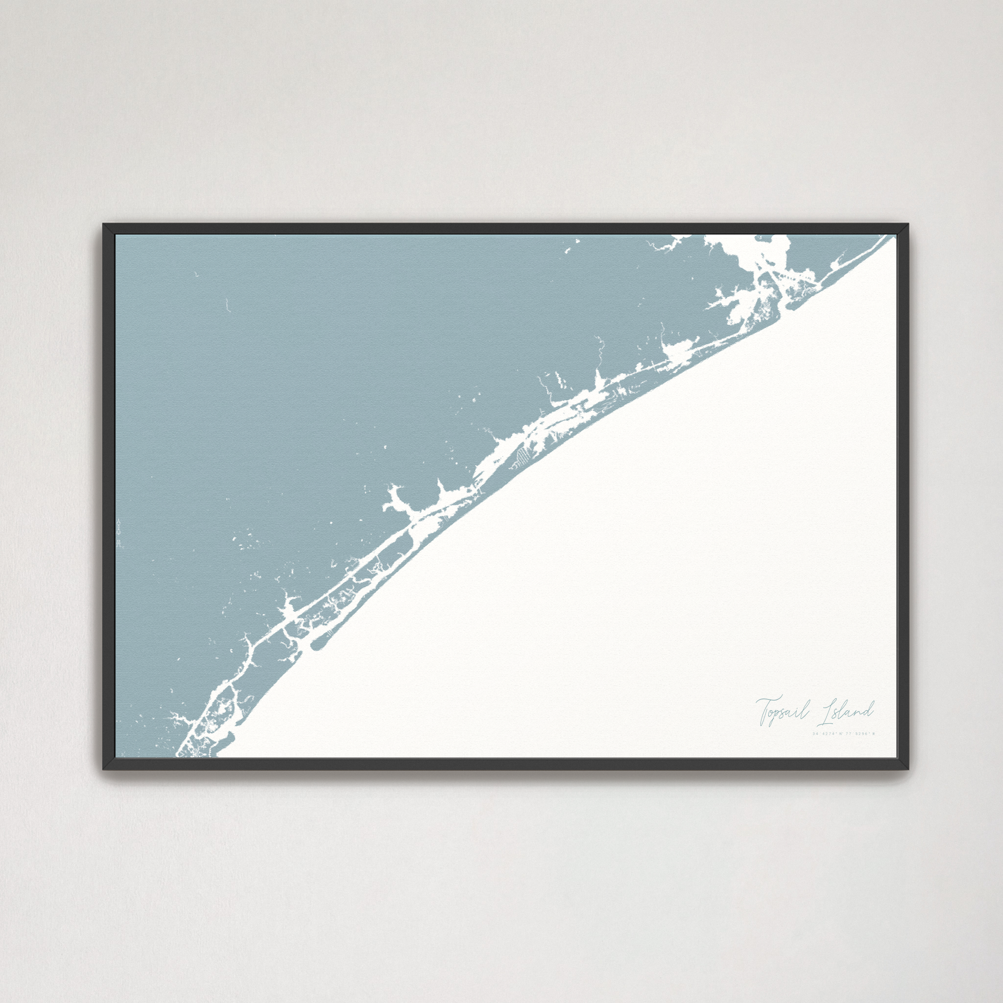 Topsail Island Coastal Map — Canvas Horizontal, soft-blue, Black Frame