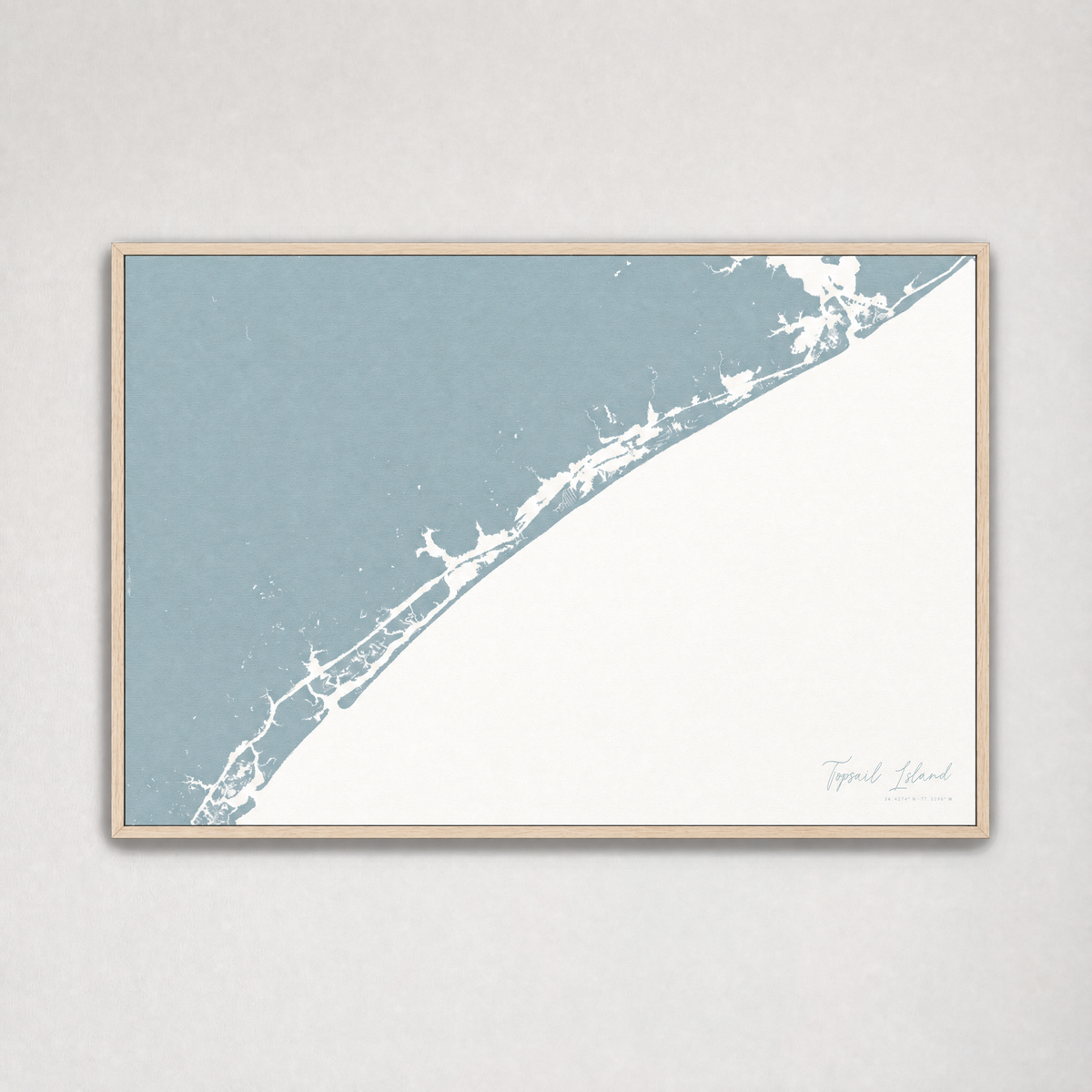 Topsail Island Coastal Map — Canvas Horizontal — soft-blue, Light Wood