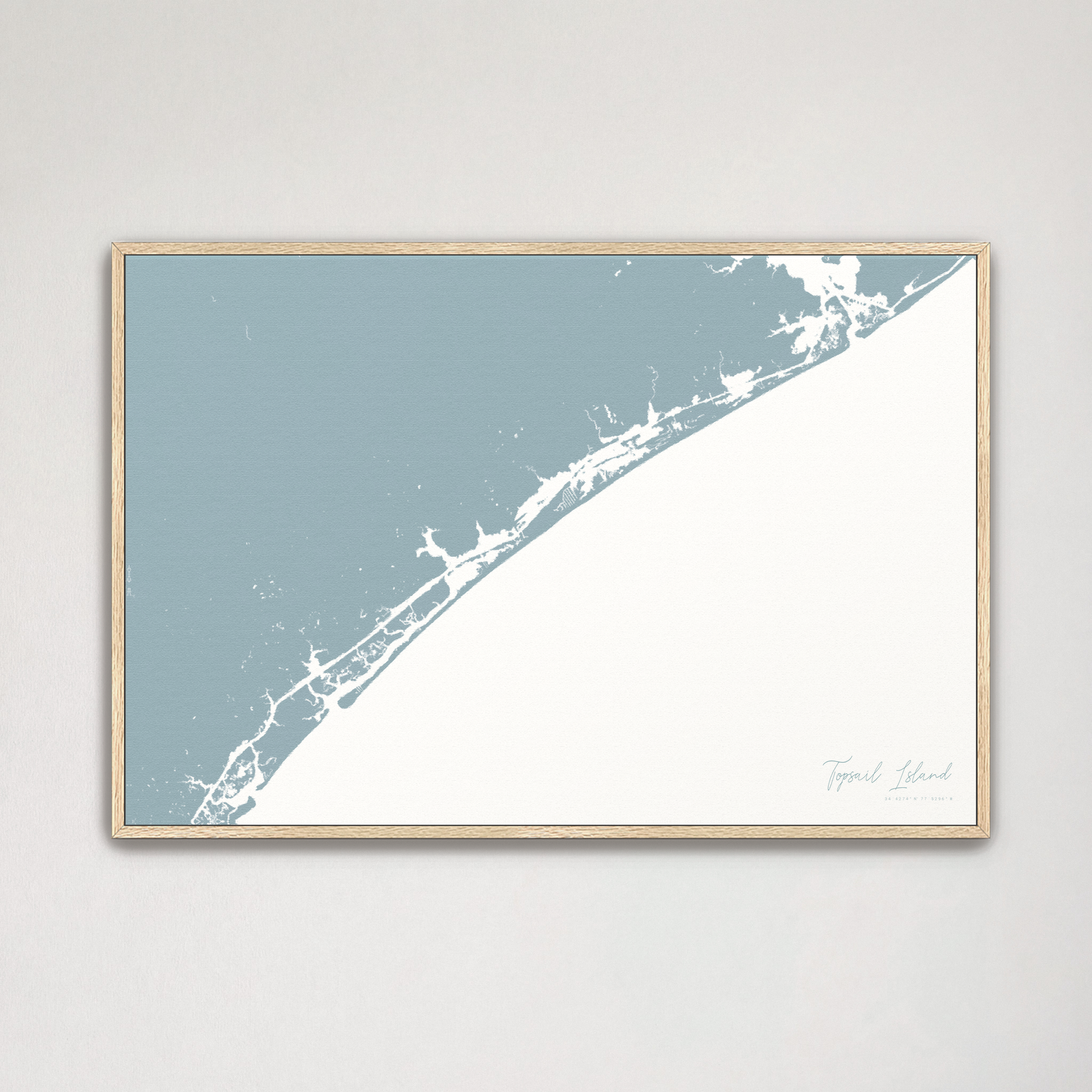 Topsail Island Coastal Map — Canvas Horizontal, soft-blue, Natural Oak
