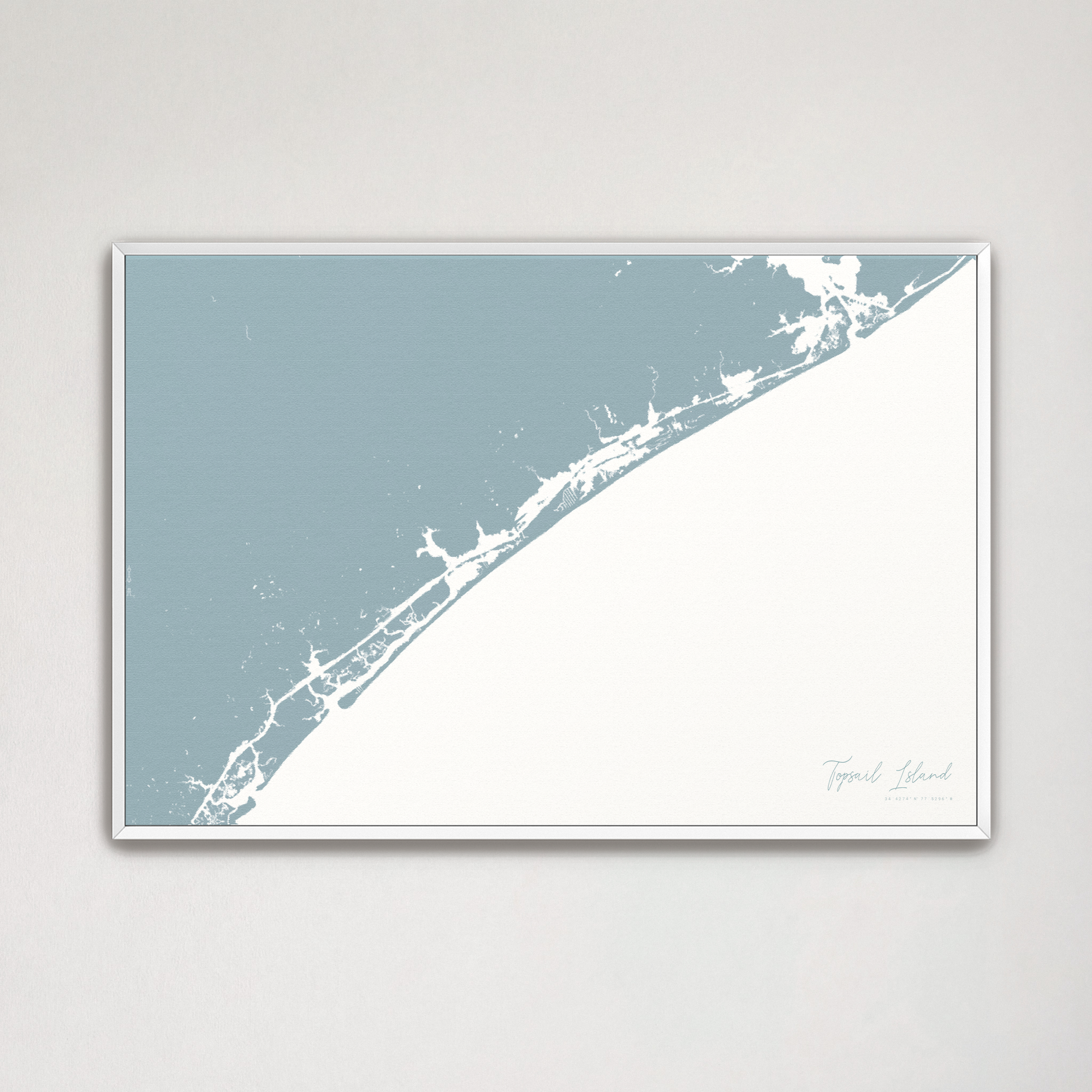 Topsail Island Coastal Map — Canvas Horizontal, soft-blue, White Frame