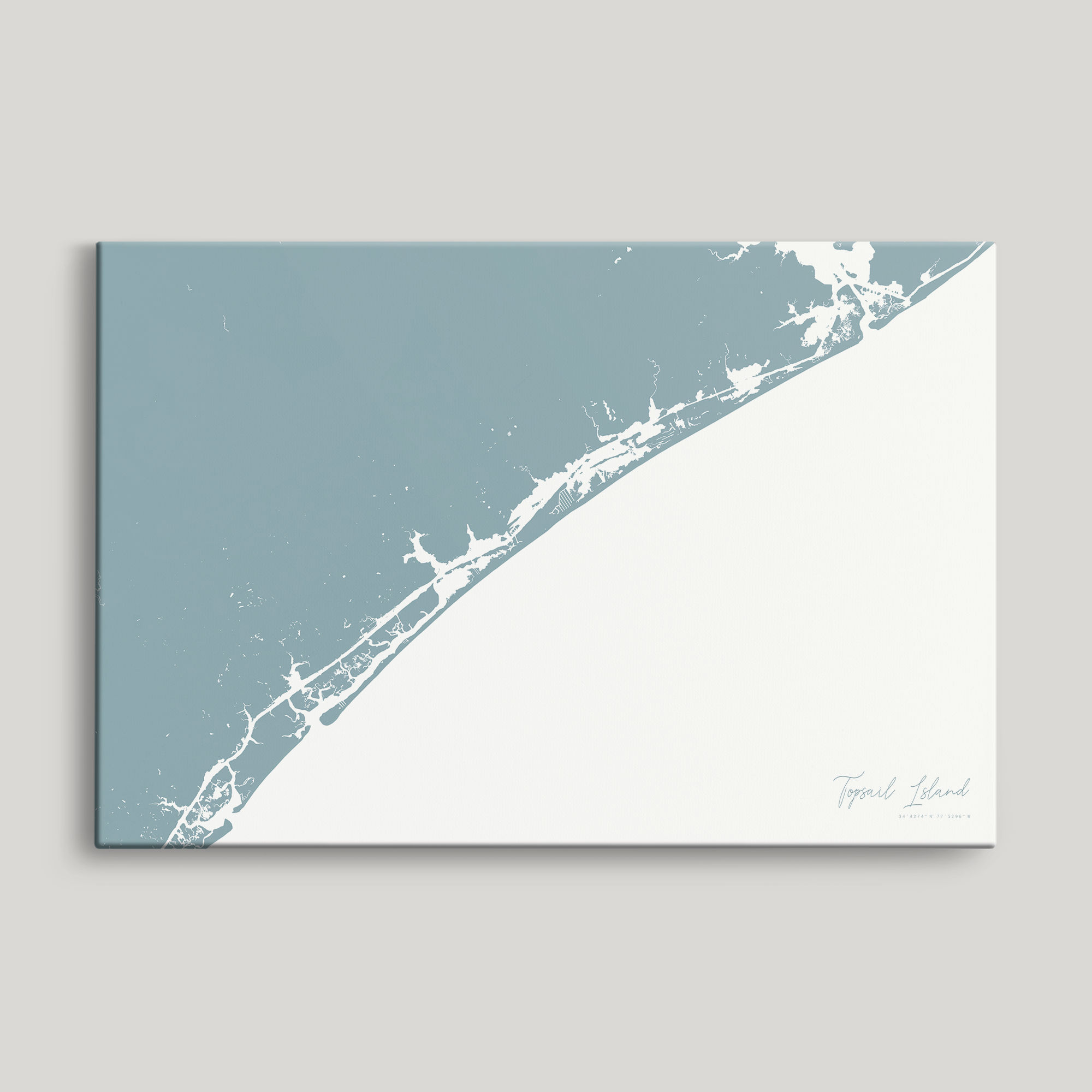 Topsail Island Coastal Map — Canvas Horizontal, soft-blue, No Frame