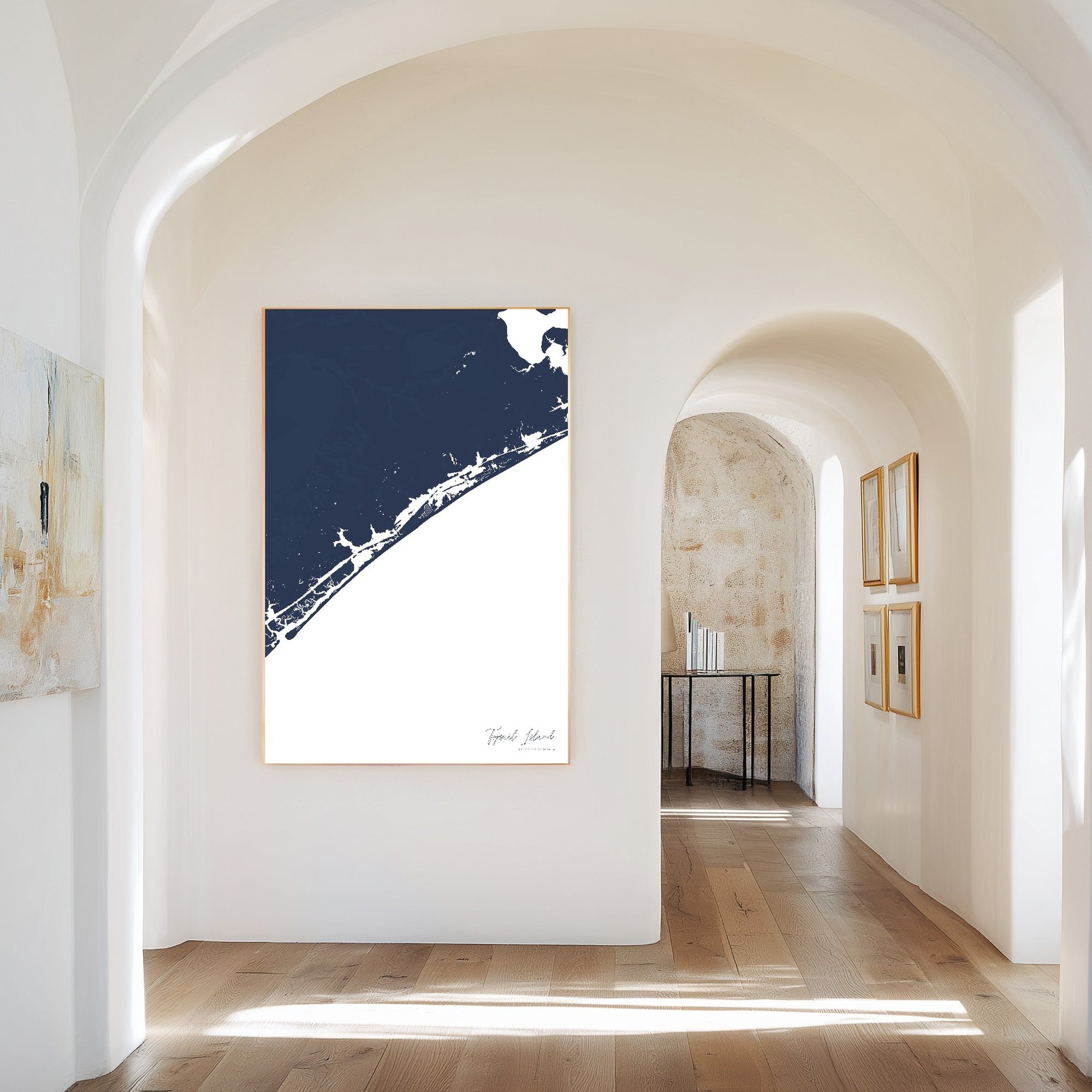 Topsail Island navy vertical canvas map in the Bello mixed room scene