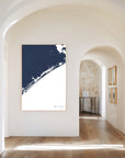 Topsail Island navy vertical canvas map in the Bello mixed room scene