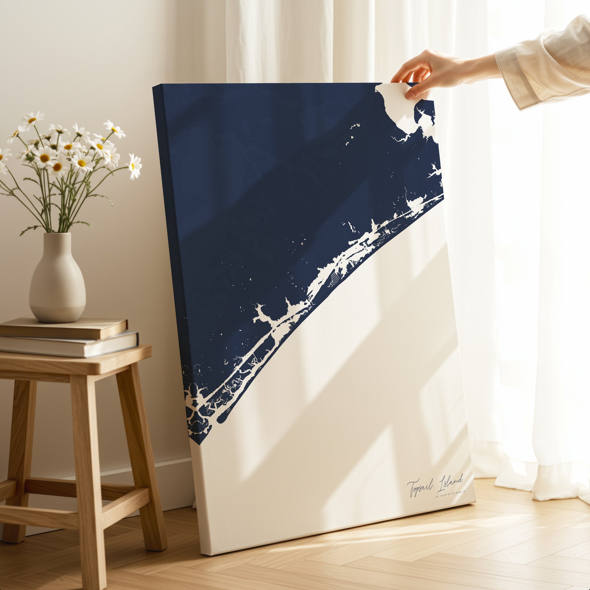 Topsail Island navy vertical wrapped canvas map in the ratio 2:3 hand mockup