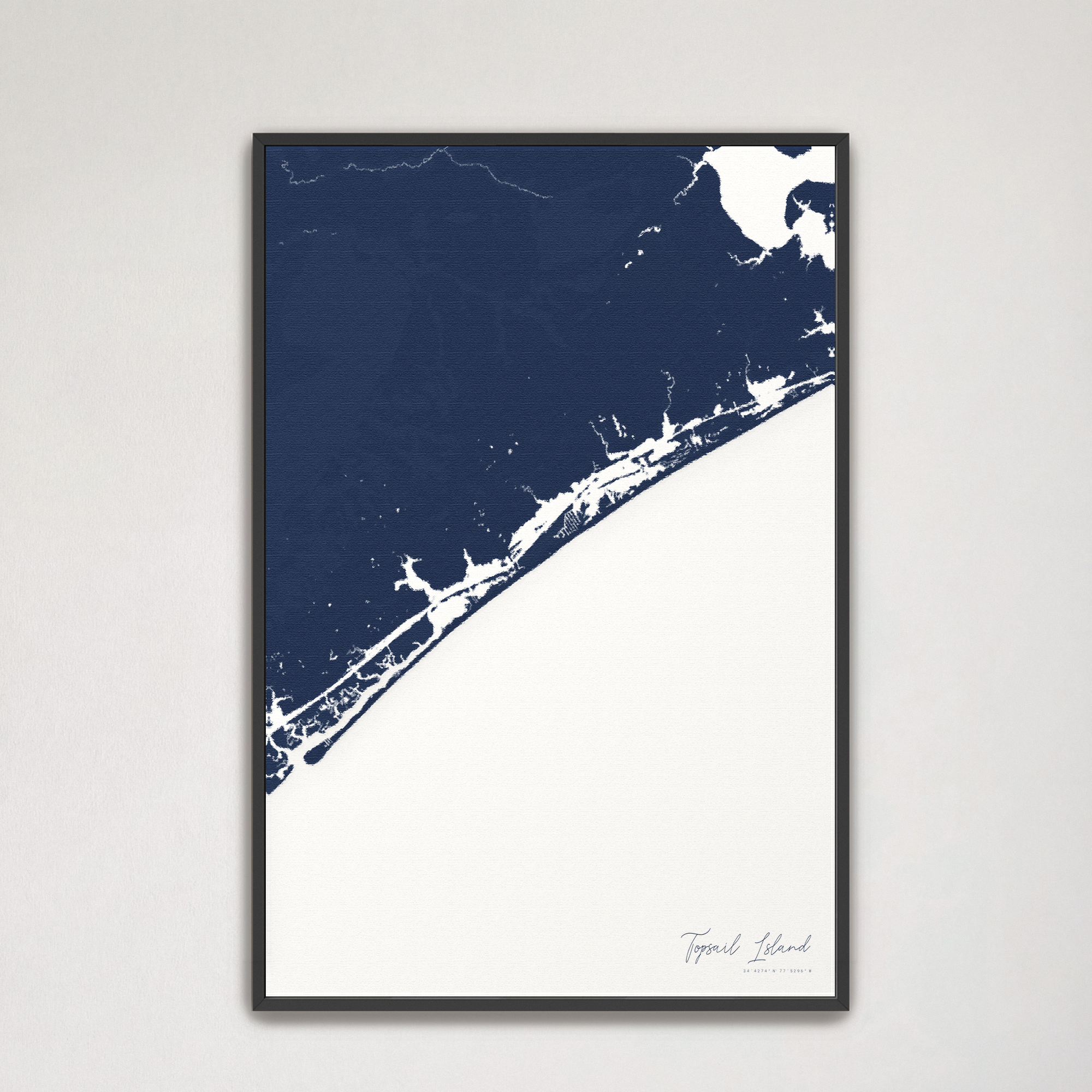 Topsail Island Coastal Map — Canvas Vertical, navy, Black Frame