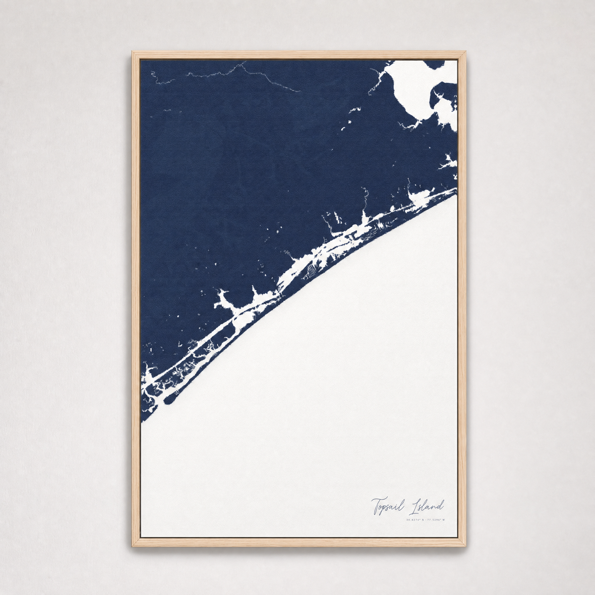 Topsail Island Coastal Map — Canvas Vertical — navy, Light Wood
