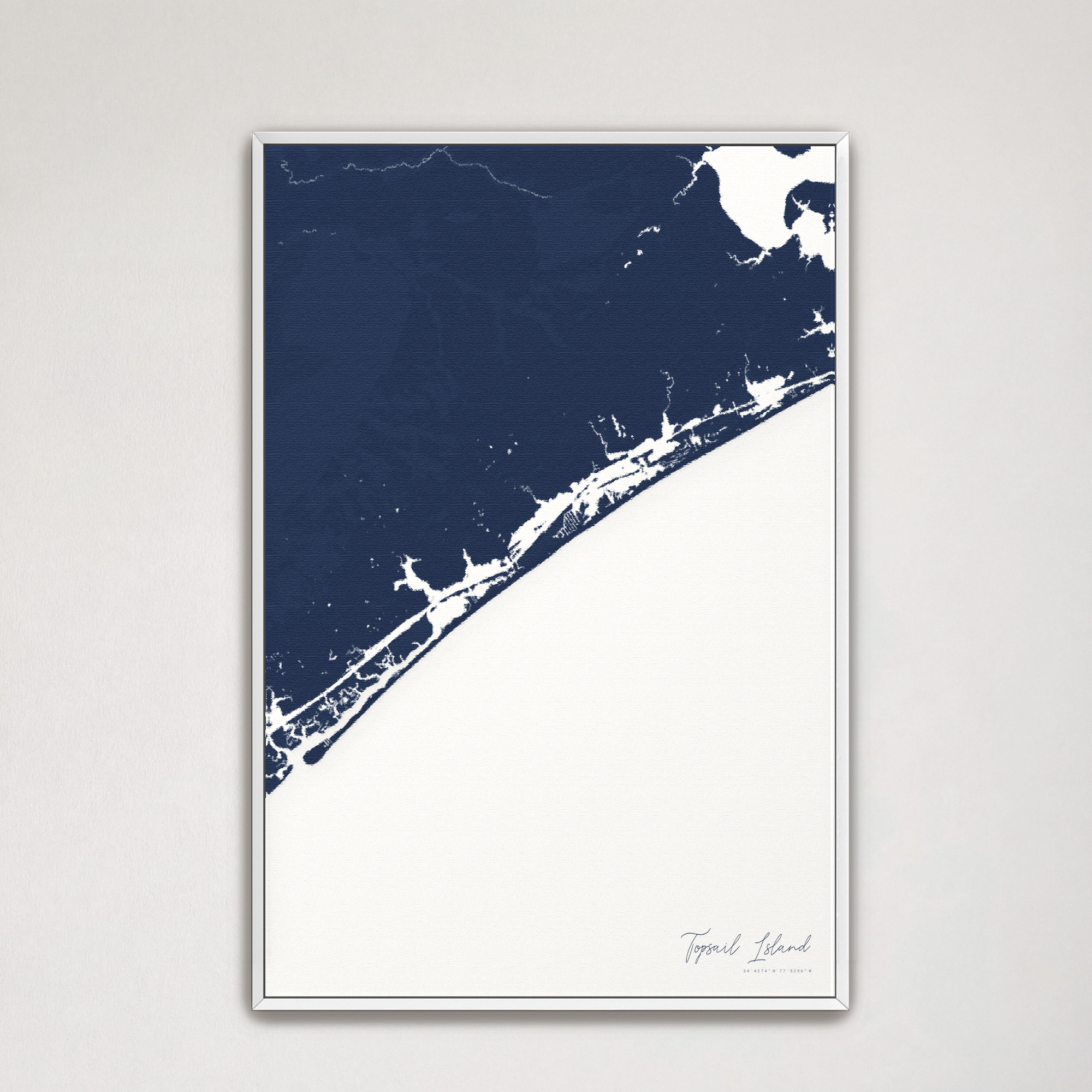 Topsail Island Coastal Map — Canvas Vertical, navy, White Frame