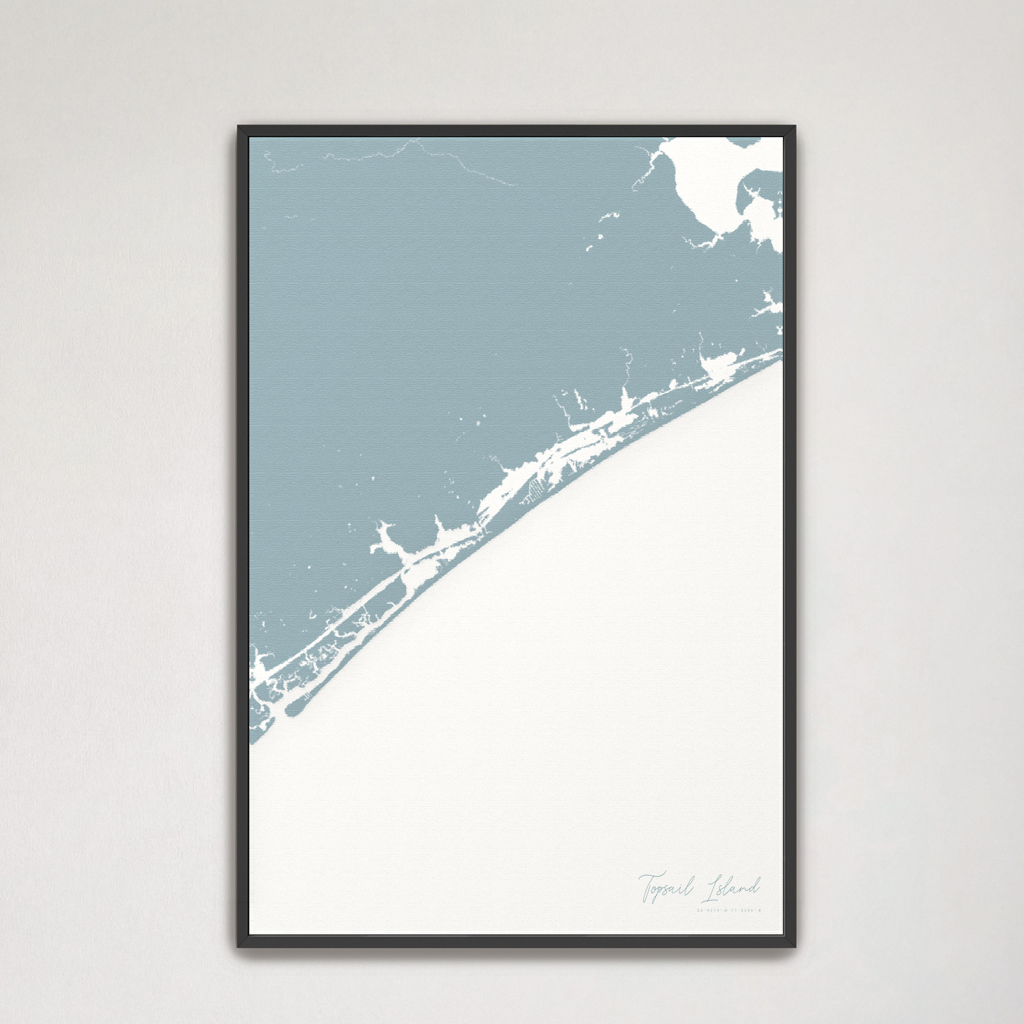 Topsail Island Coastal Map — Canvas Vertical, soft-blue, Black Frame
