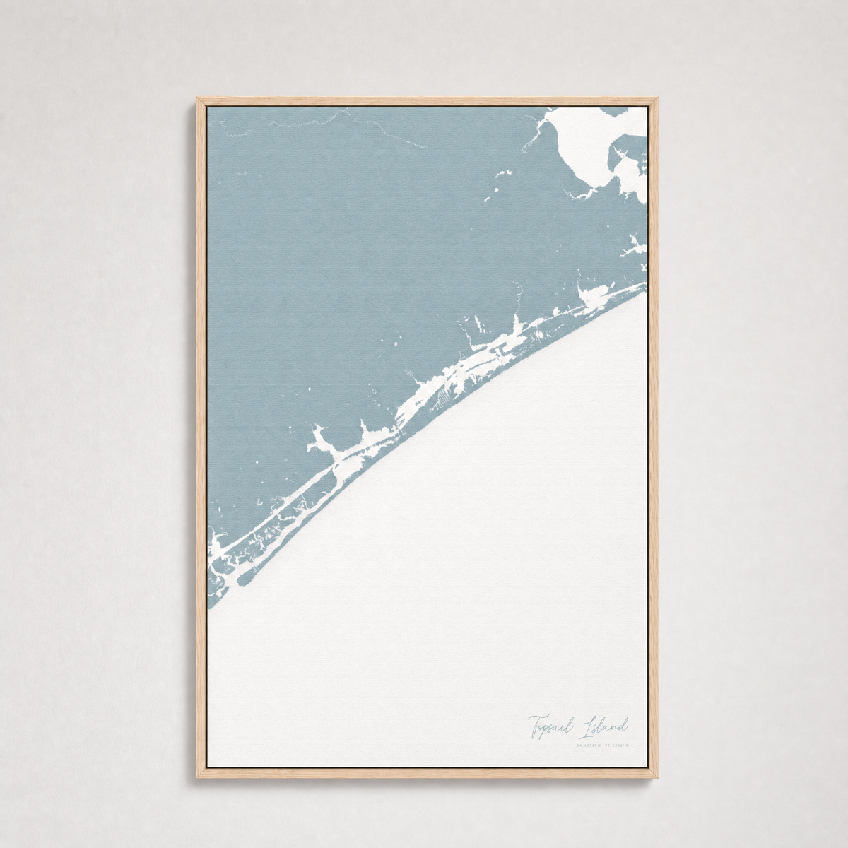 Topsail Island Coastal Map — Canvas Vertical — soft-blue, Light Wood