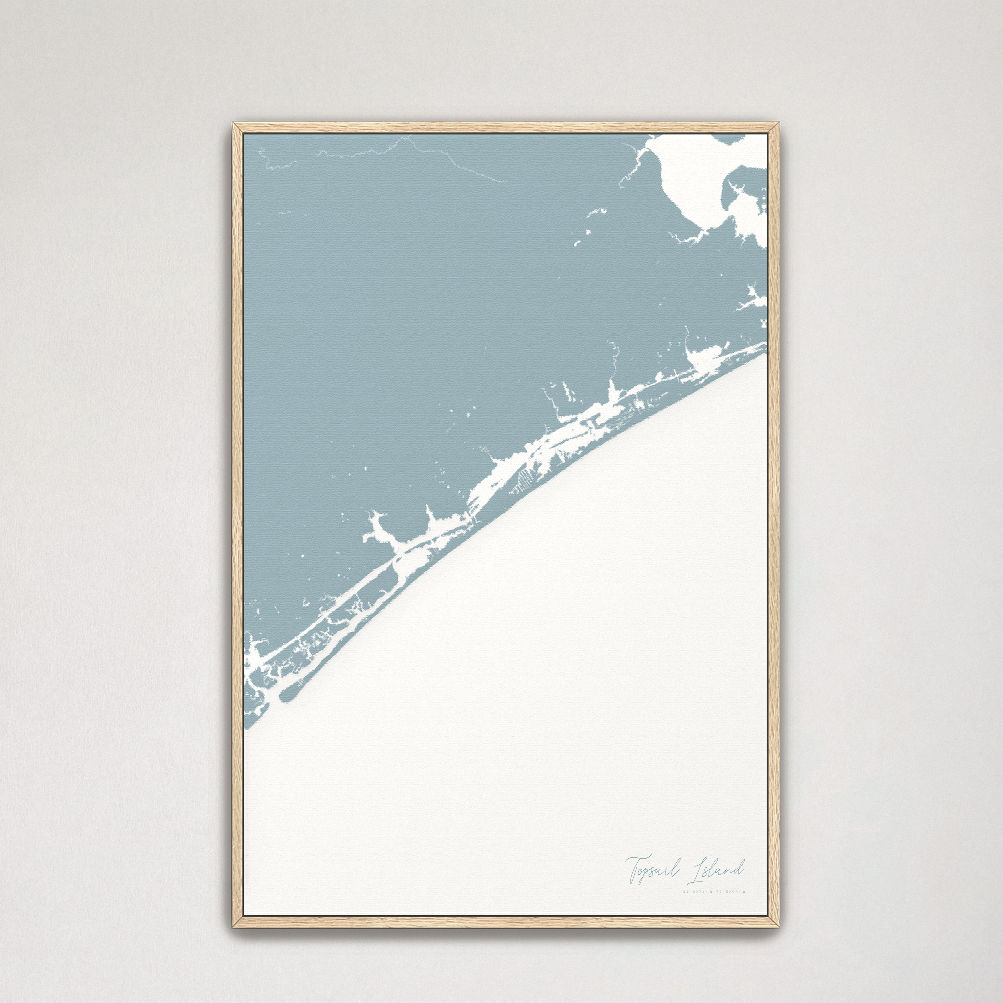 Topsail Island Coastal Map — Canvas Vertical, soft-blue, Natural Oak
