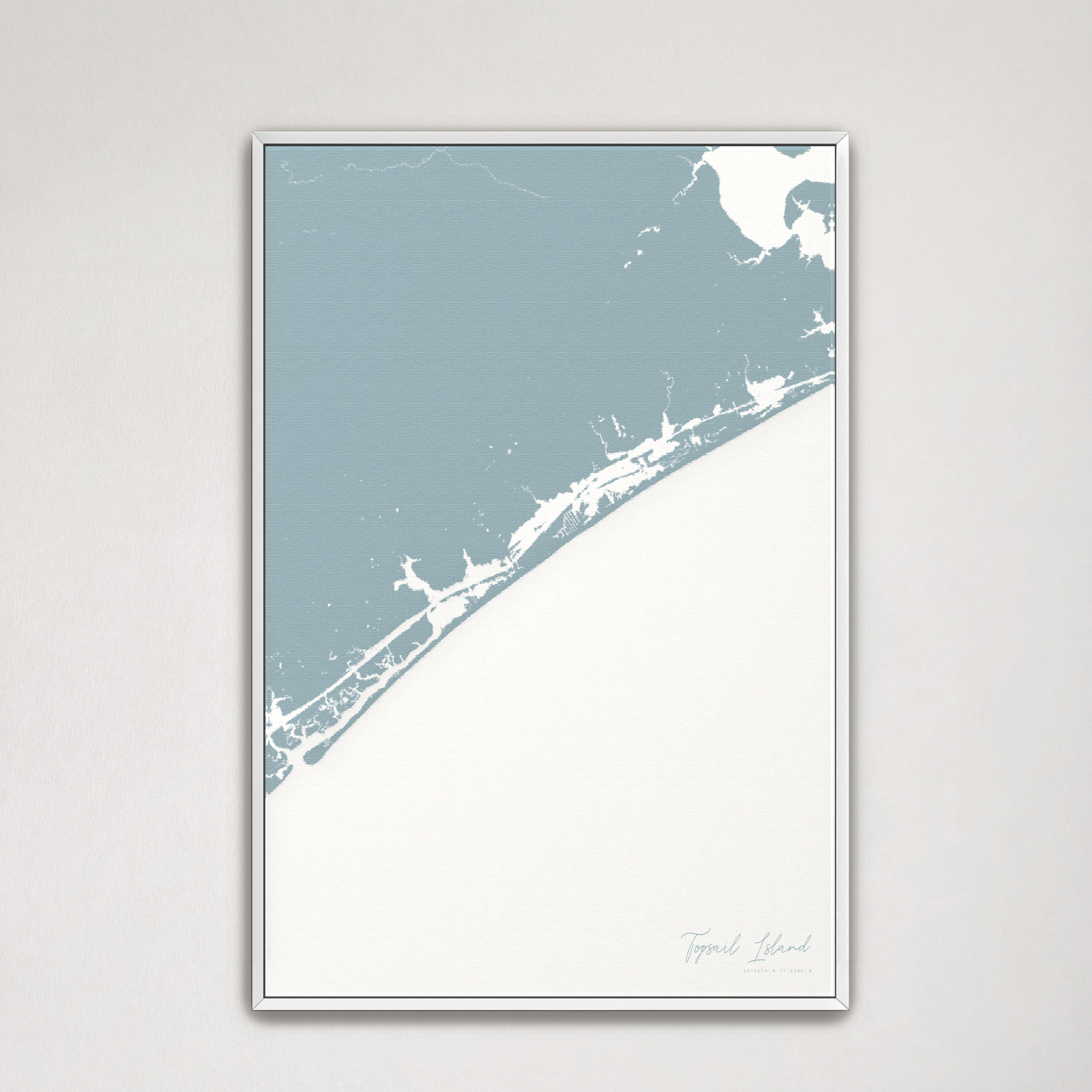 Topsail Island Coastal Map — Canvas Vertical, soft-blue, White Frame