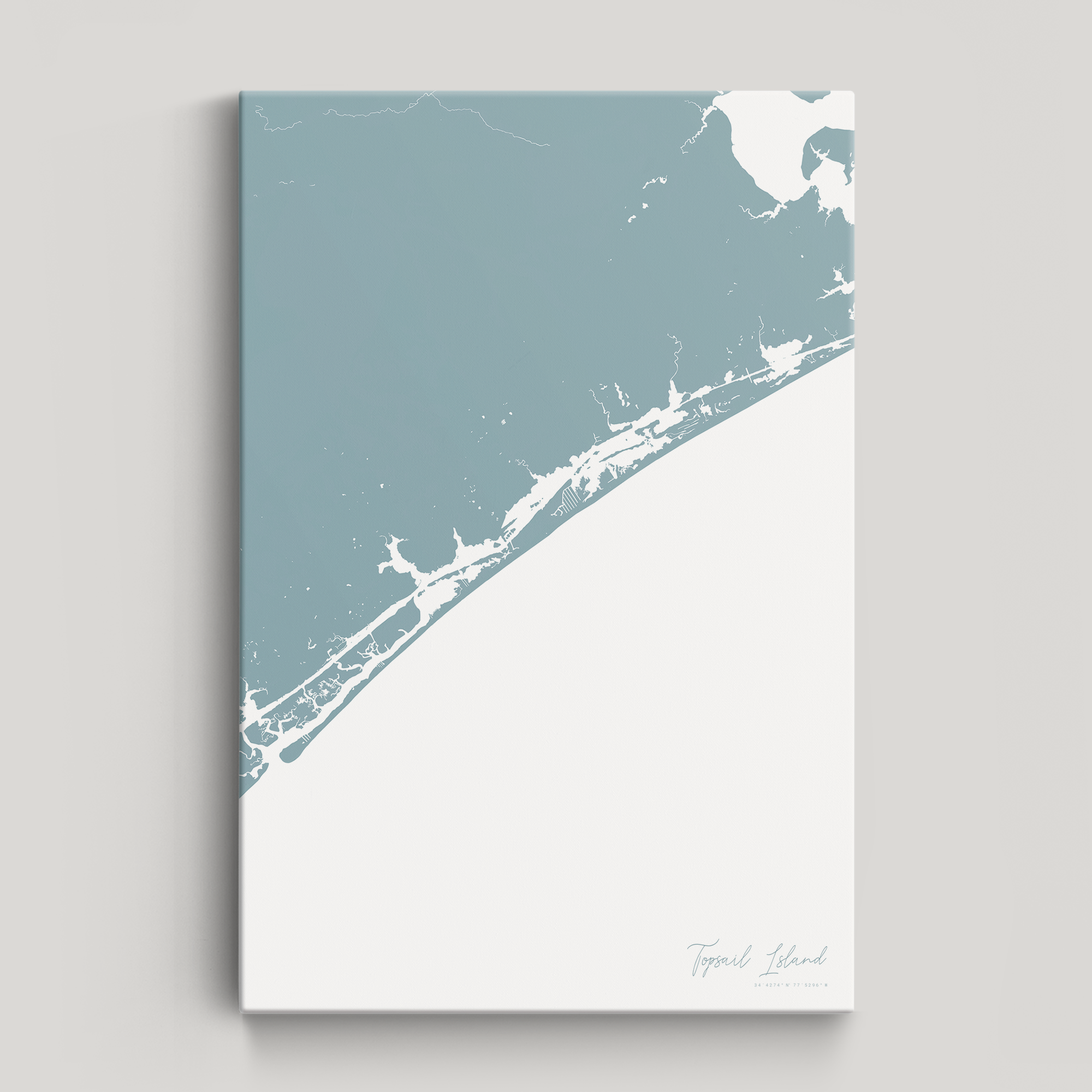 Topsail Island Coastal Map — Canvas Vertical, soft-blue, No Frame