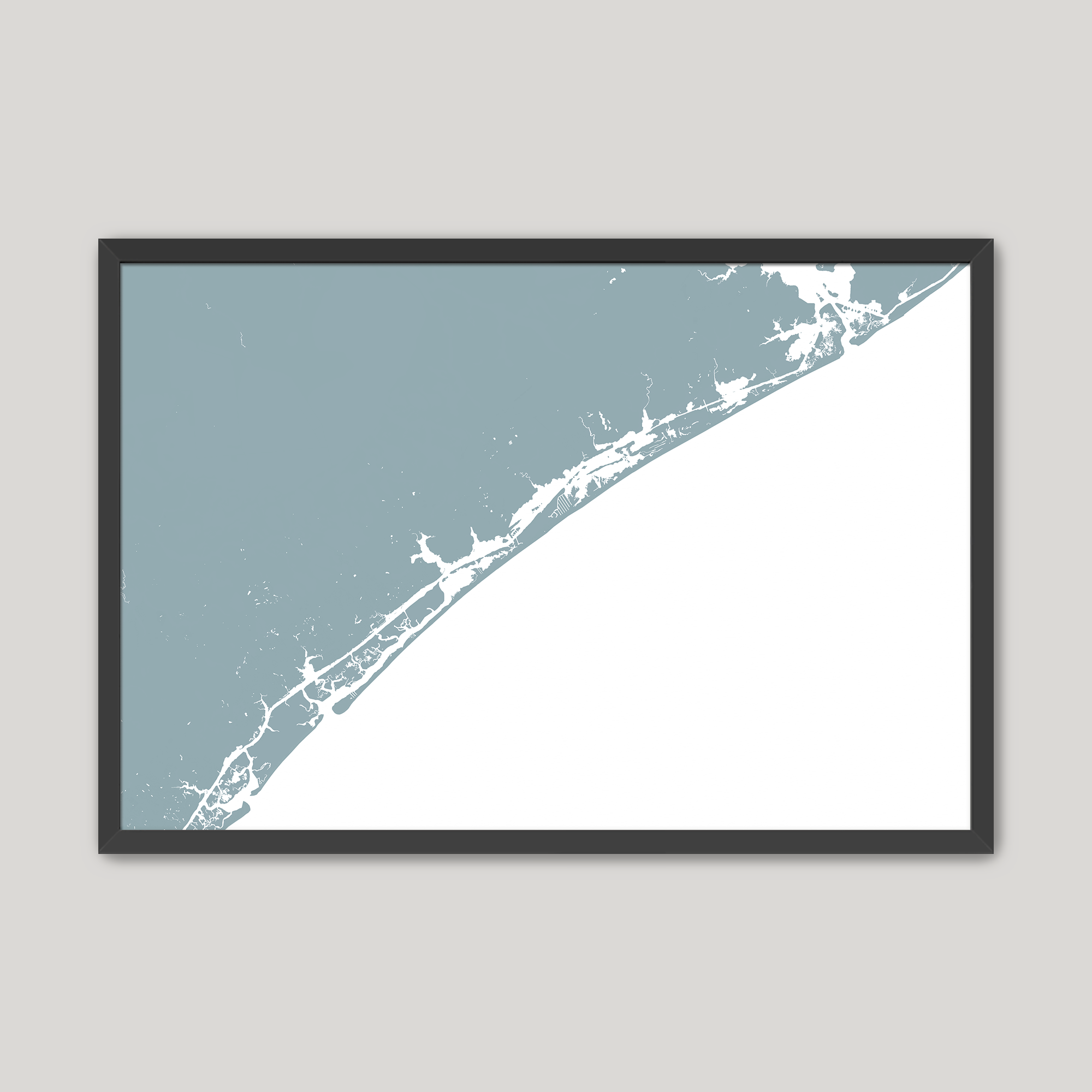 Topsail Island Coastal Map — Fine Art Print Horizontal, soft-blue, Black Frame, 10x8