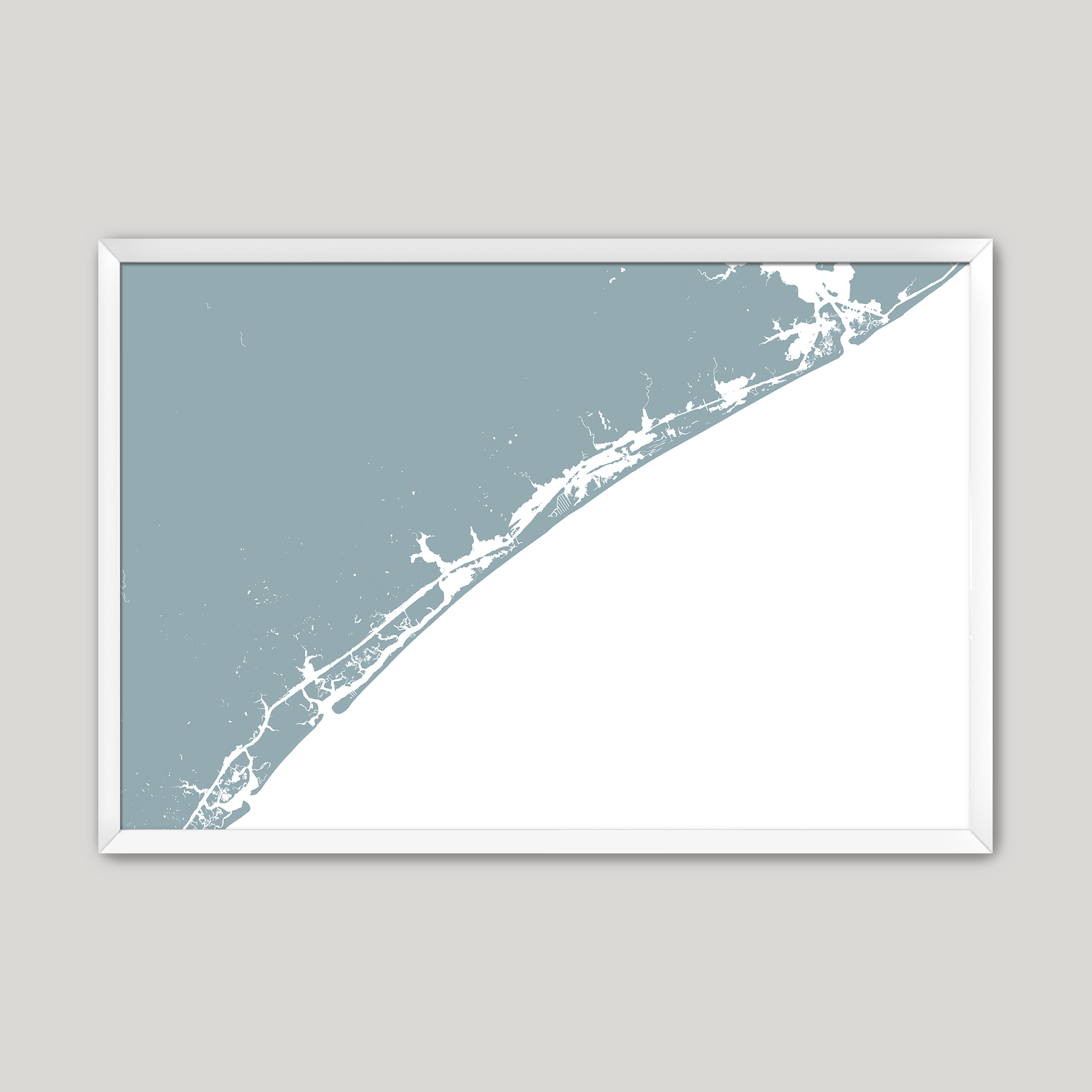 Topsail Island Coastal Map — Fine Art Print Horizontal, soft-blue, White Frame, 10x8