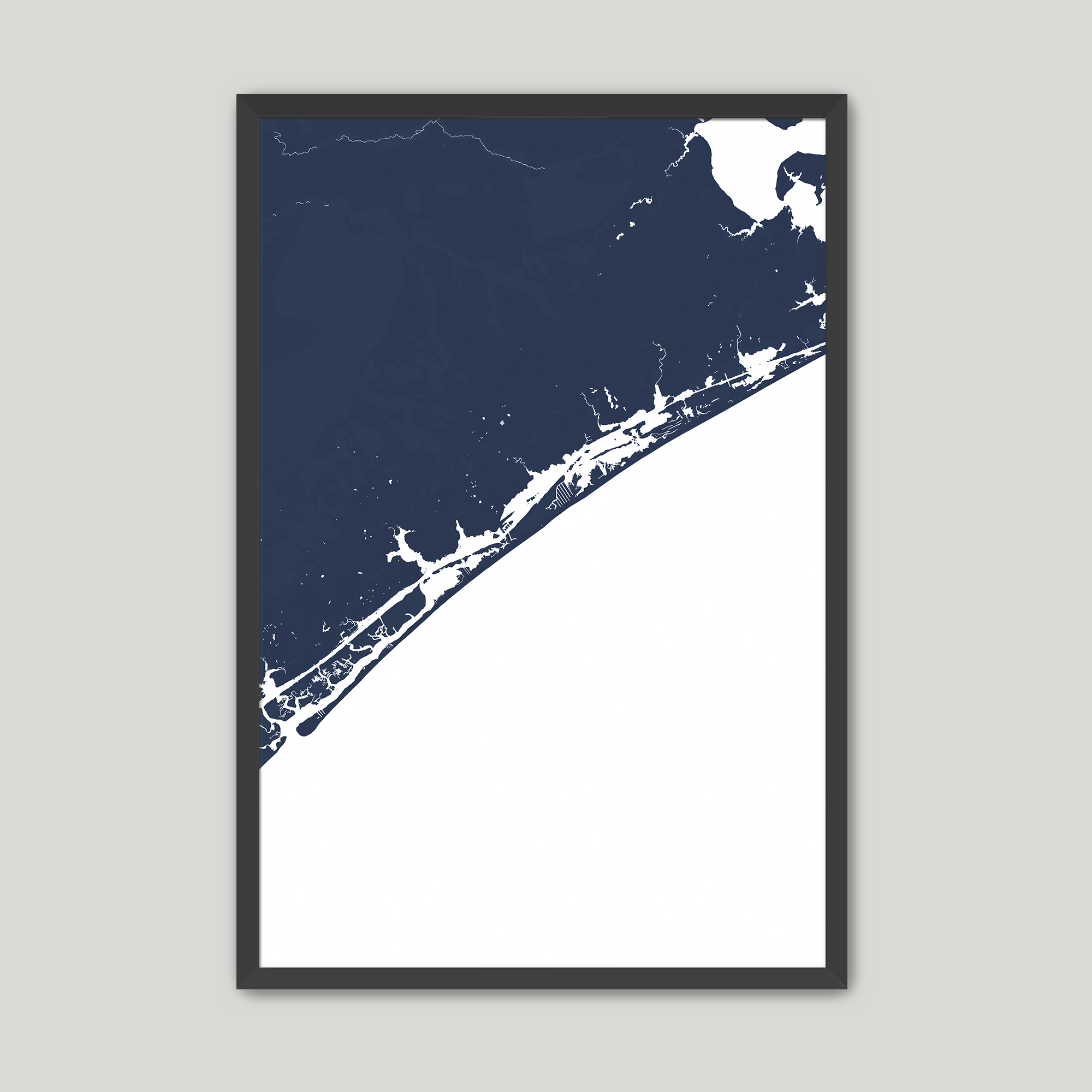 Topsail Island Coastal Map — Fine Art Print Vertical, navy, Black Frame, 8x10