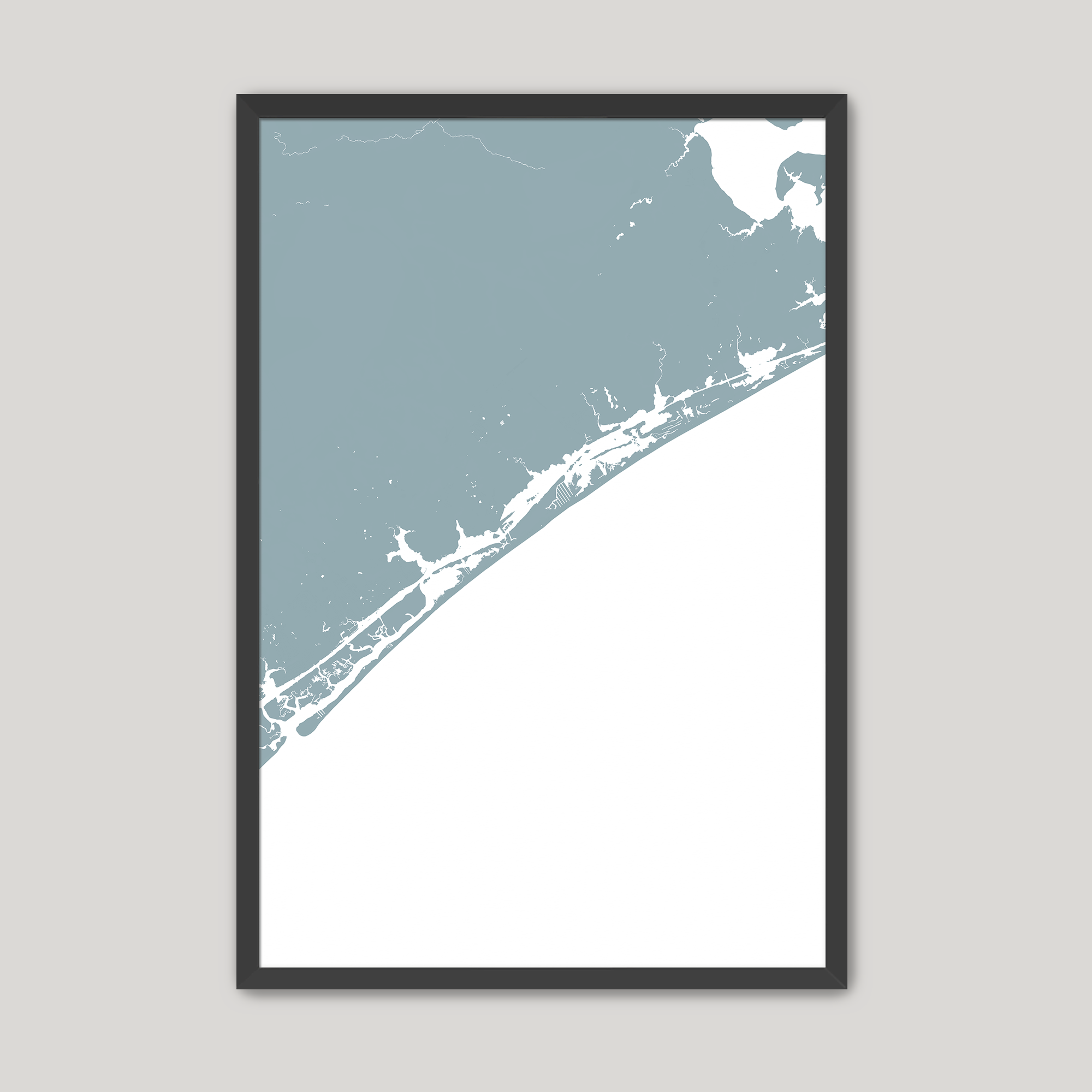 Topsail Island Coastal Map — Fine Art Print Vertical, soft-blue, Black Frame, 8x10