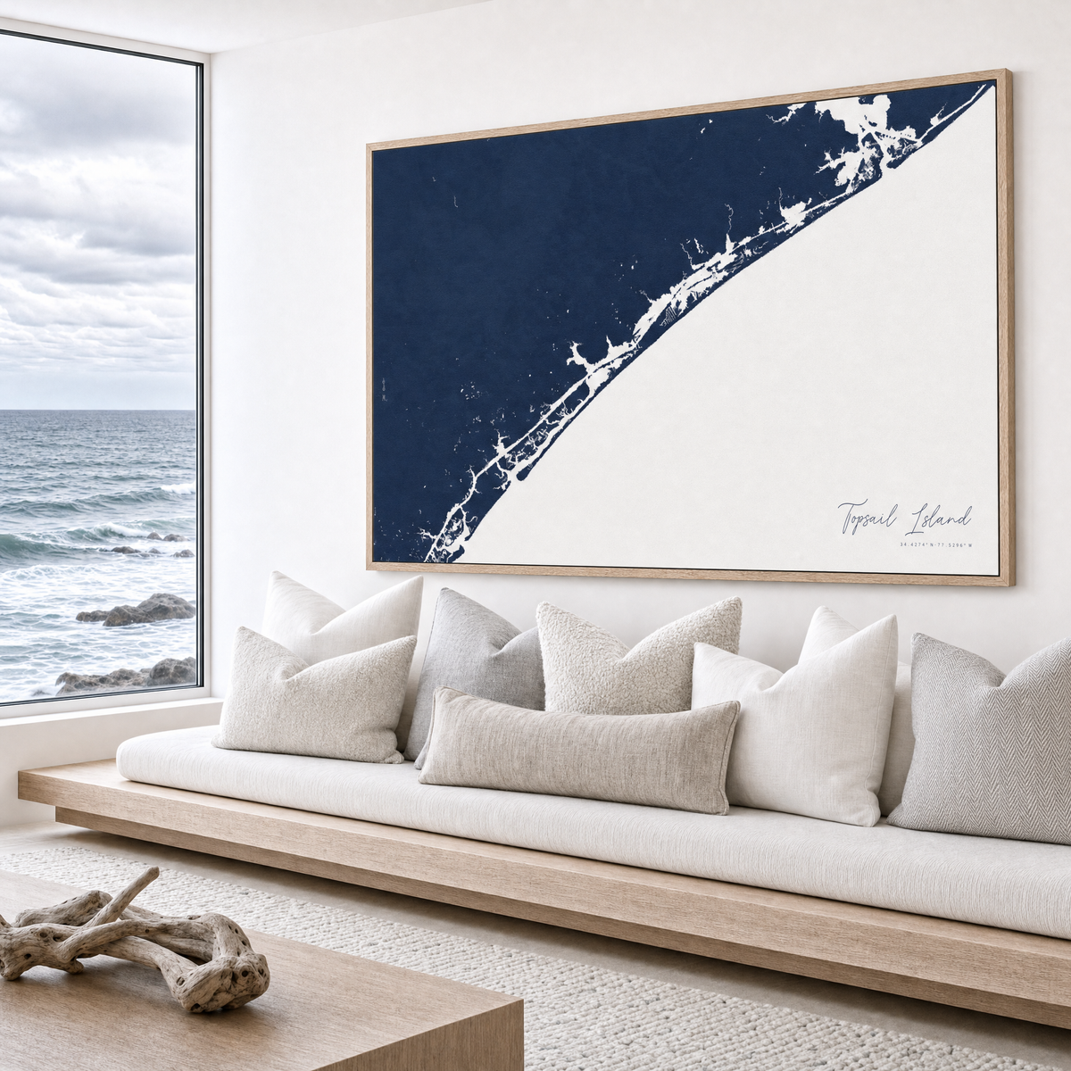 Topsail Island canvas map — sea-view bench interior