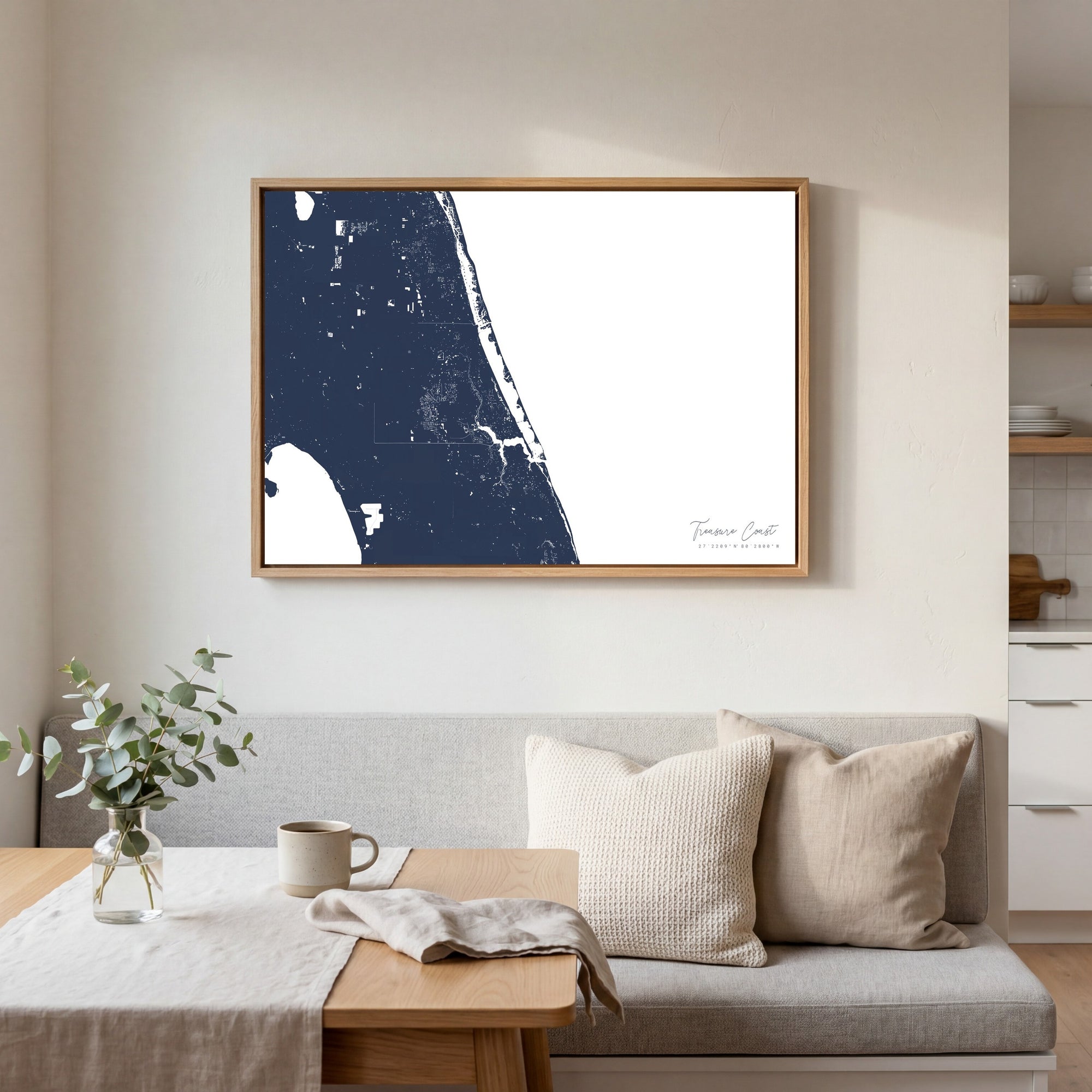 Treasure Coast navy horizontal canvas map in an oak framed room scene