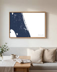 Treasure Coast navy horizontal canvas map in an oak framed room scene