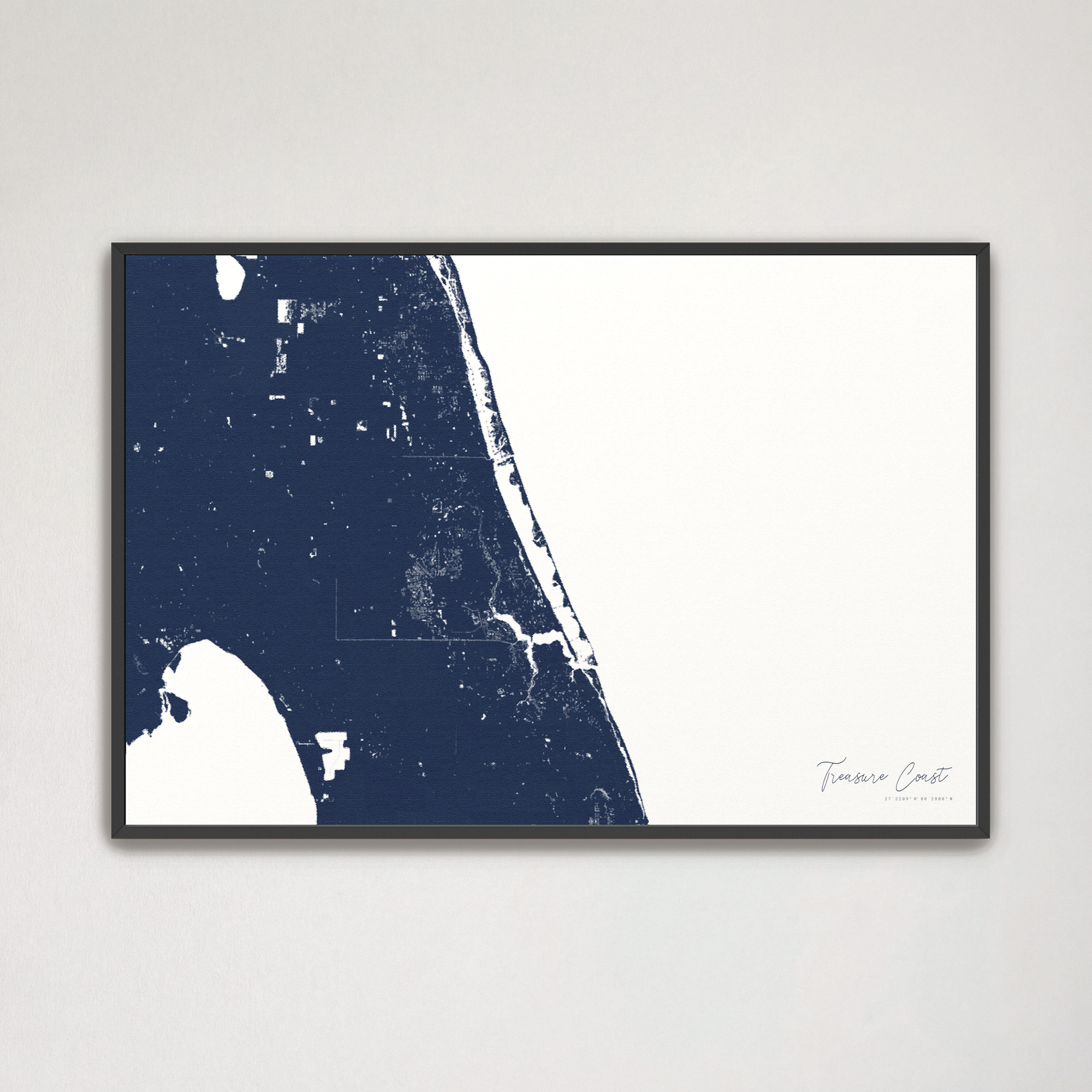 Treasure Coast Coastal Map — Canvas Horizontal, navy, Black Frame