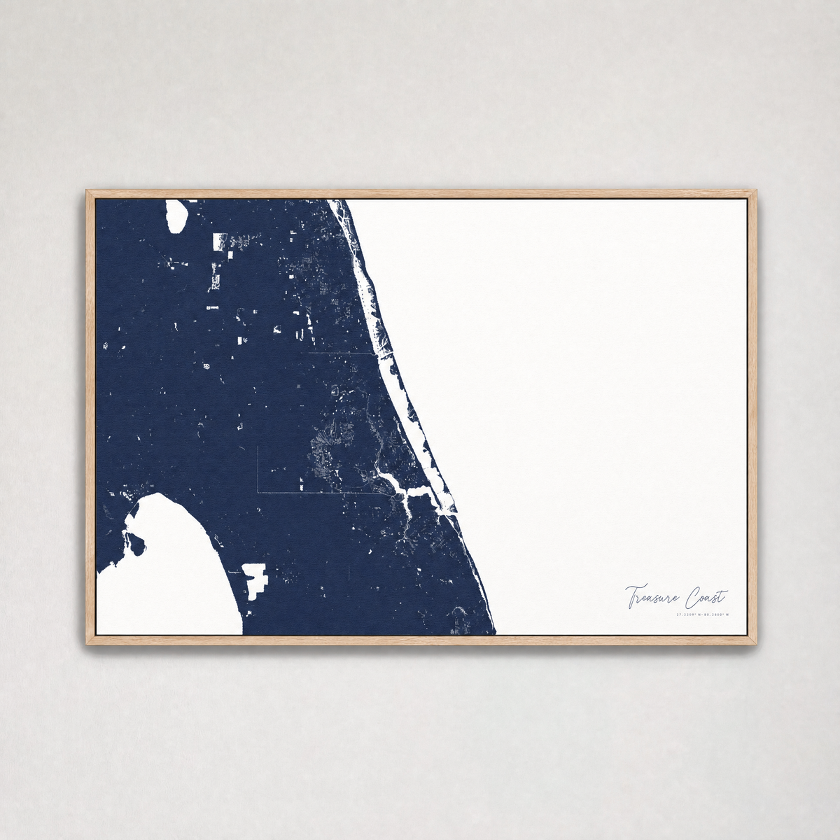 Treasure Coast Coastal Map — Canvas Horizontal — navy, Light Wood