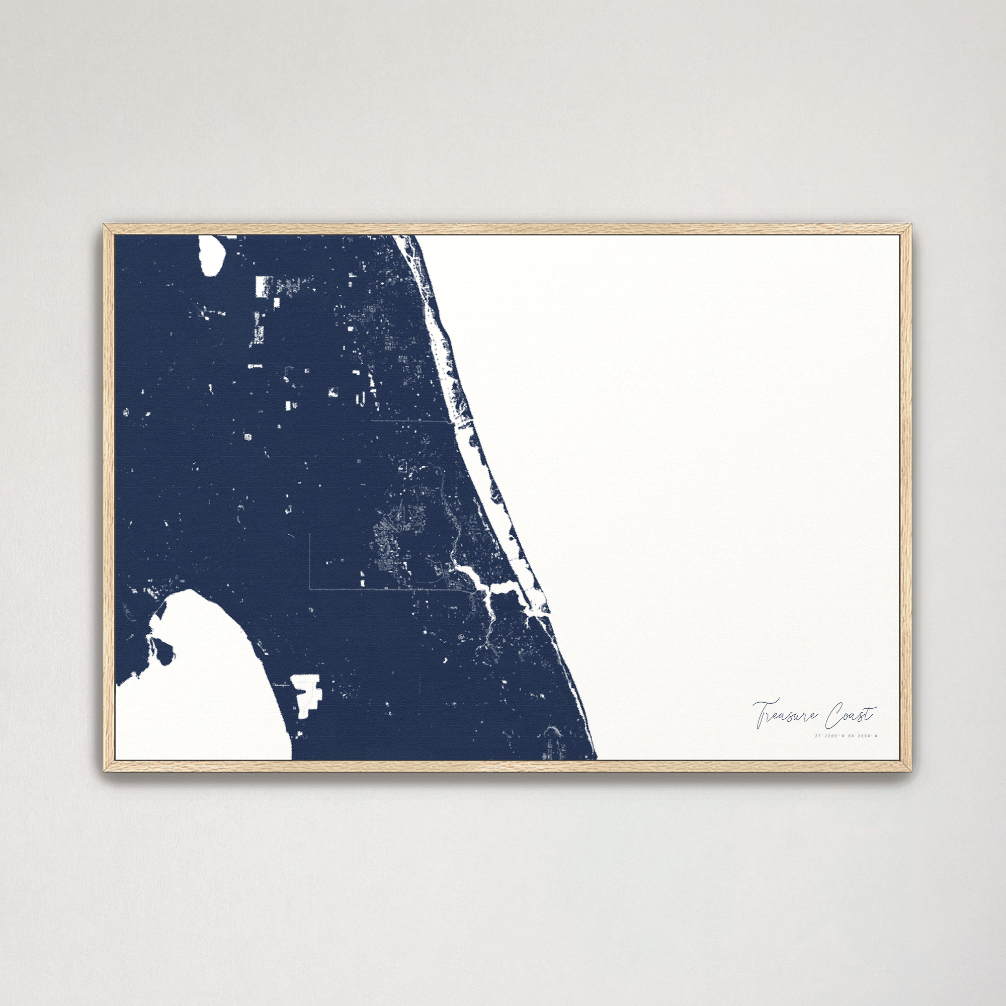 Treasure Coast Coastal Map — Canvas Horizontal, navy, Natural Oak