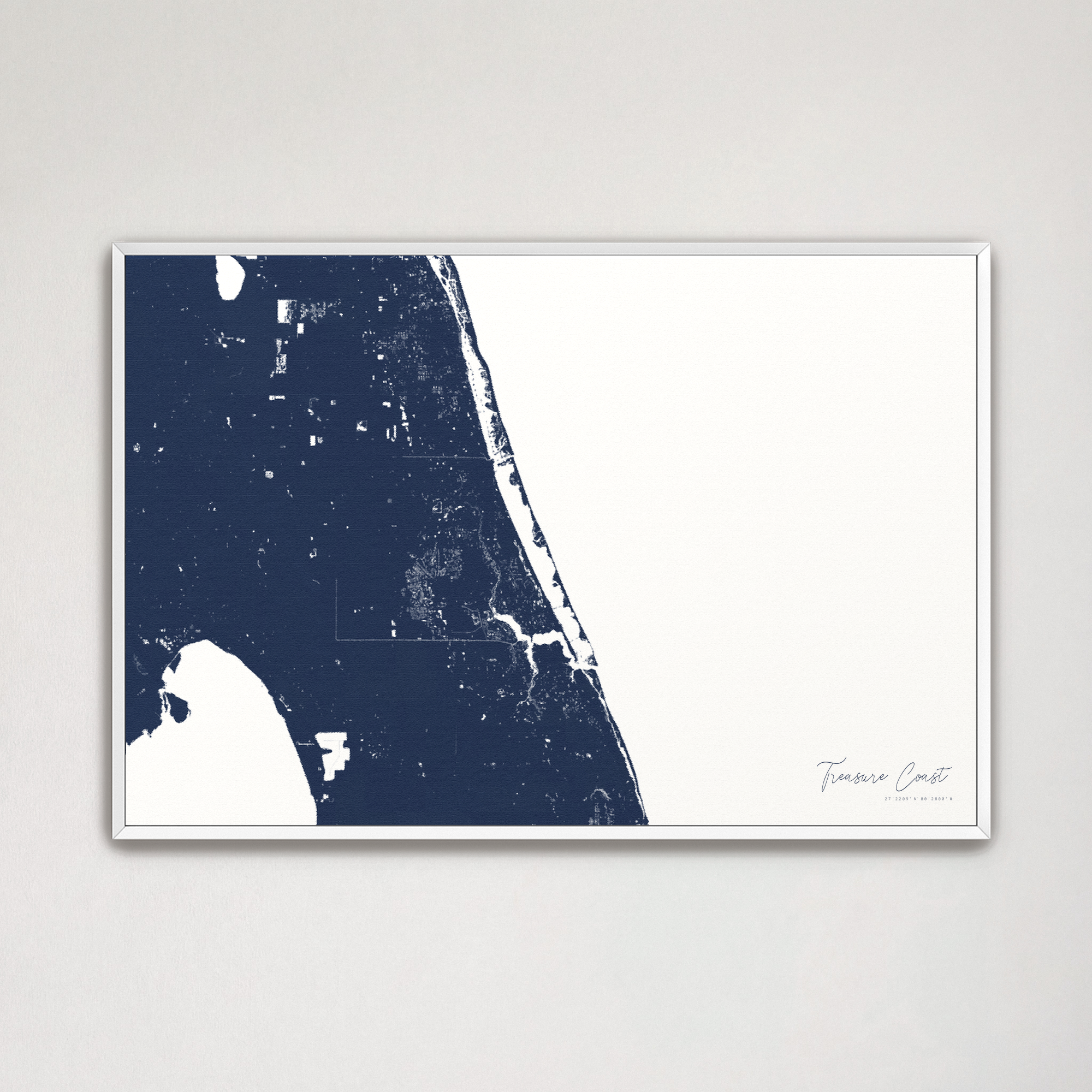 Treasure Coast Coastal Map — Canvas Horizontal, navy, White Frame