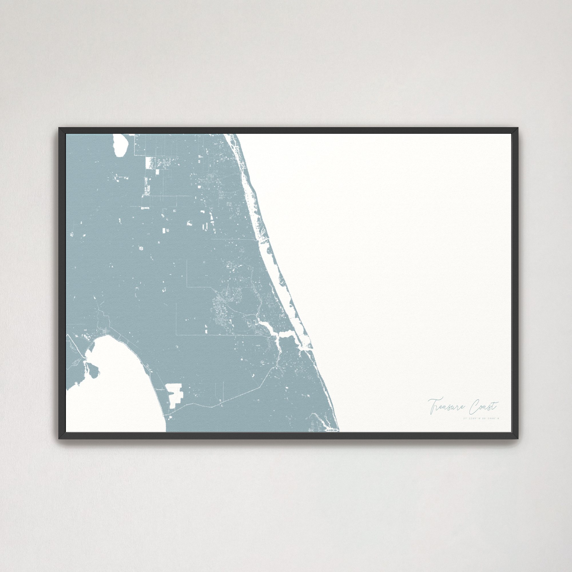 Treasure Coast Coastal Map — Canvas Horizontal, soft-blue, Black Frame