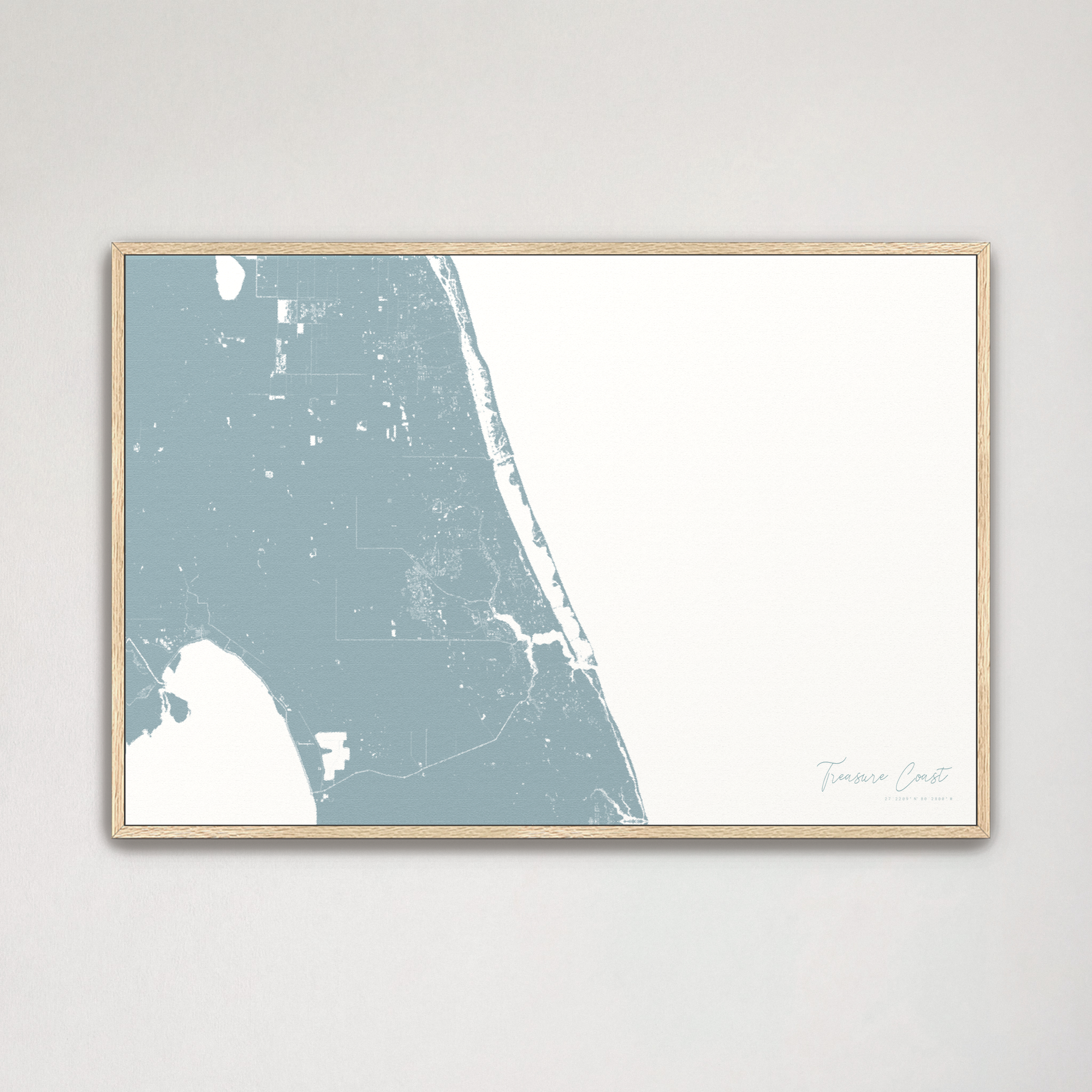 Treasure Coast Coastal Map — Canvas Horizontal, soft-blue, Natural Oak