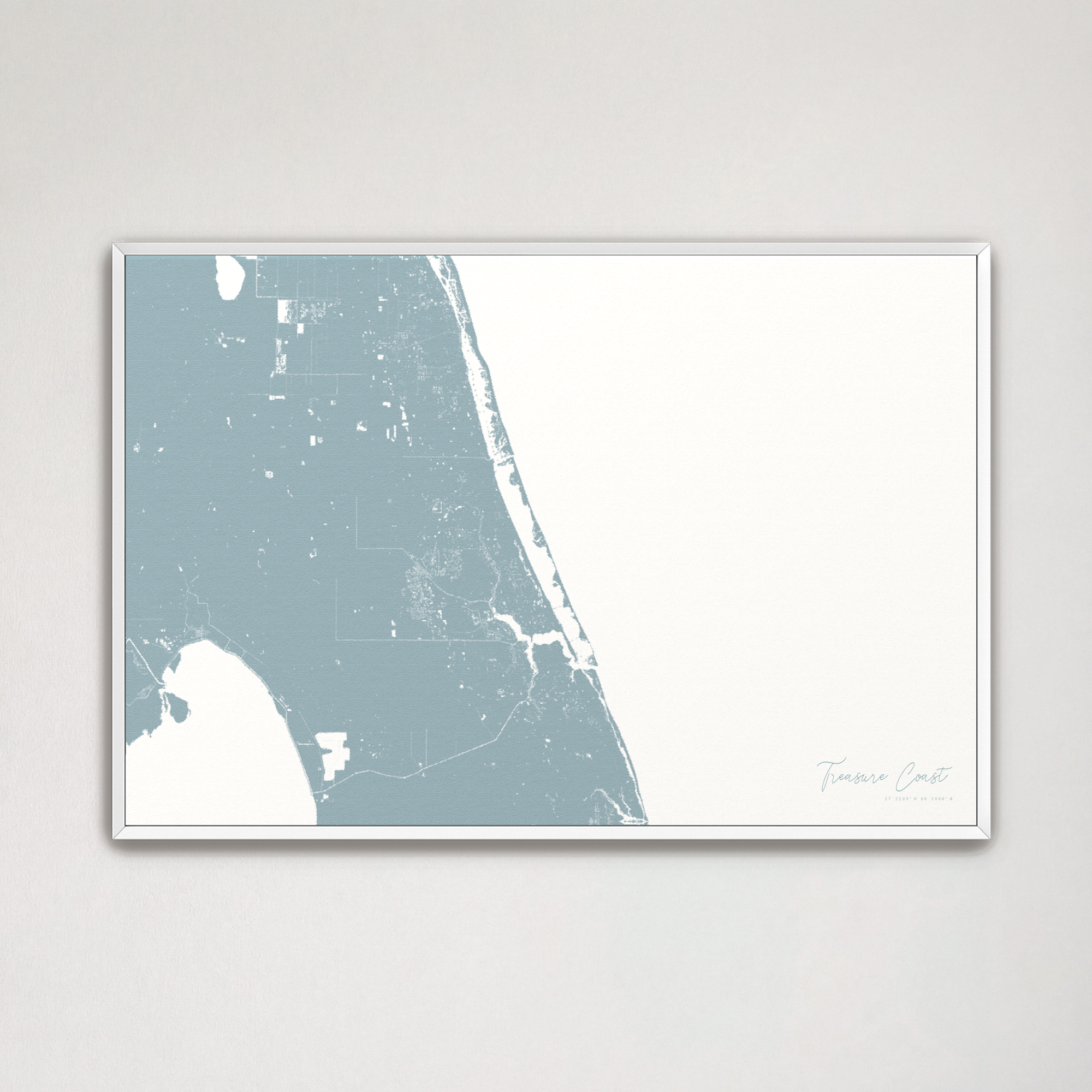 Treasure Coast Coastal Map — Canvas Horizontal, soft-blue, White Frame